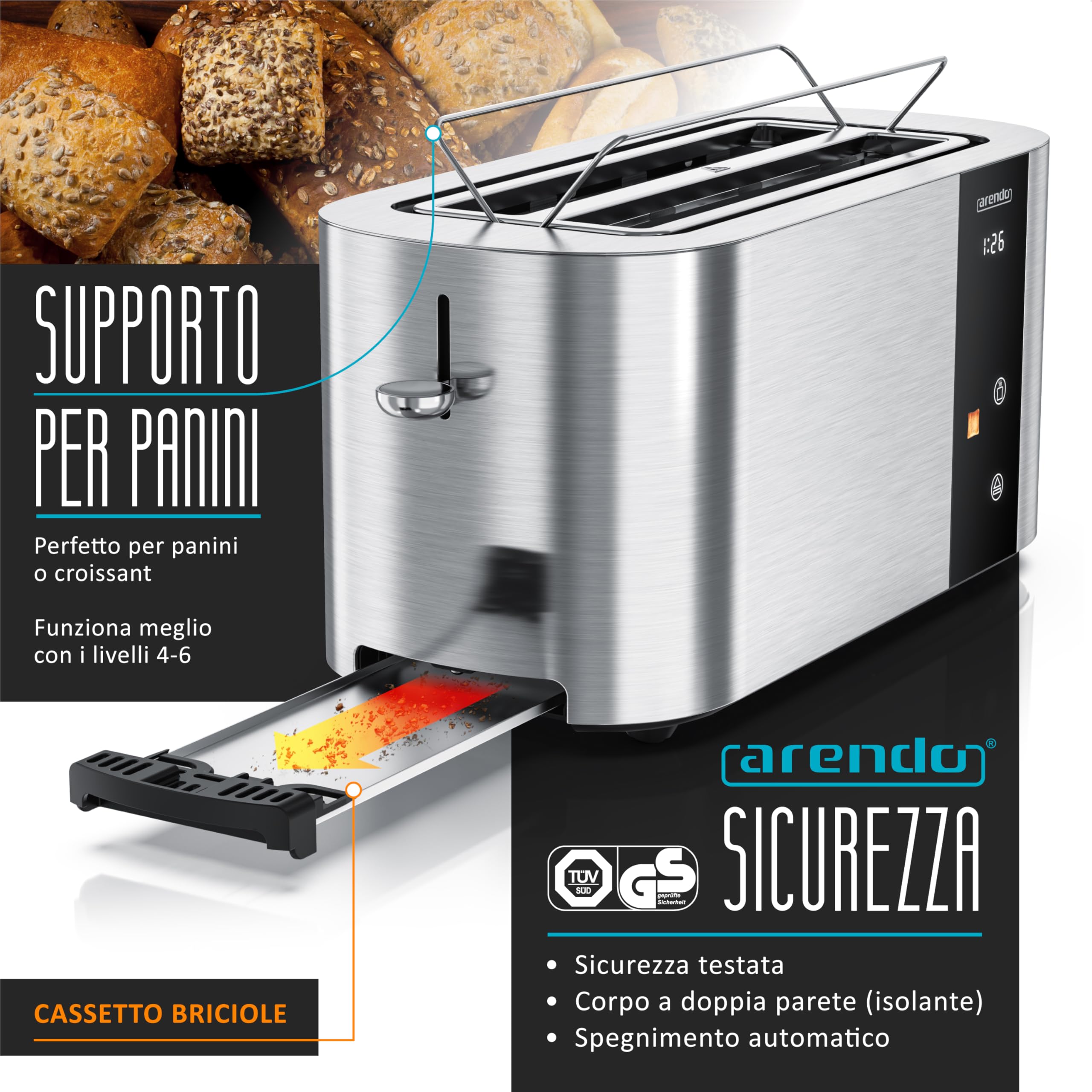 Tostapane a 2 Lunghe Fessure per 4 Fette, 1500 W, Visualizzazione a colori dei livelli di doratura, Display con indicazione del tempo rimanente, Tasti touch, Scaldapasta viennese, Doratura da 1 a 6