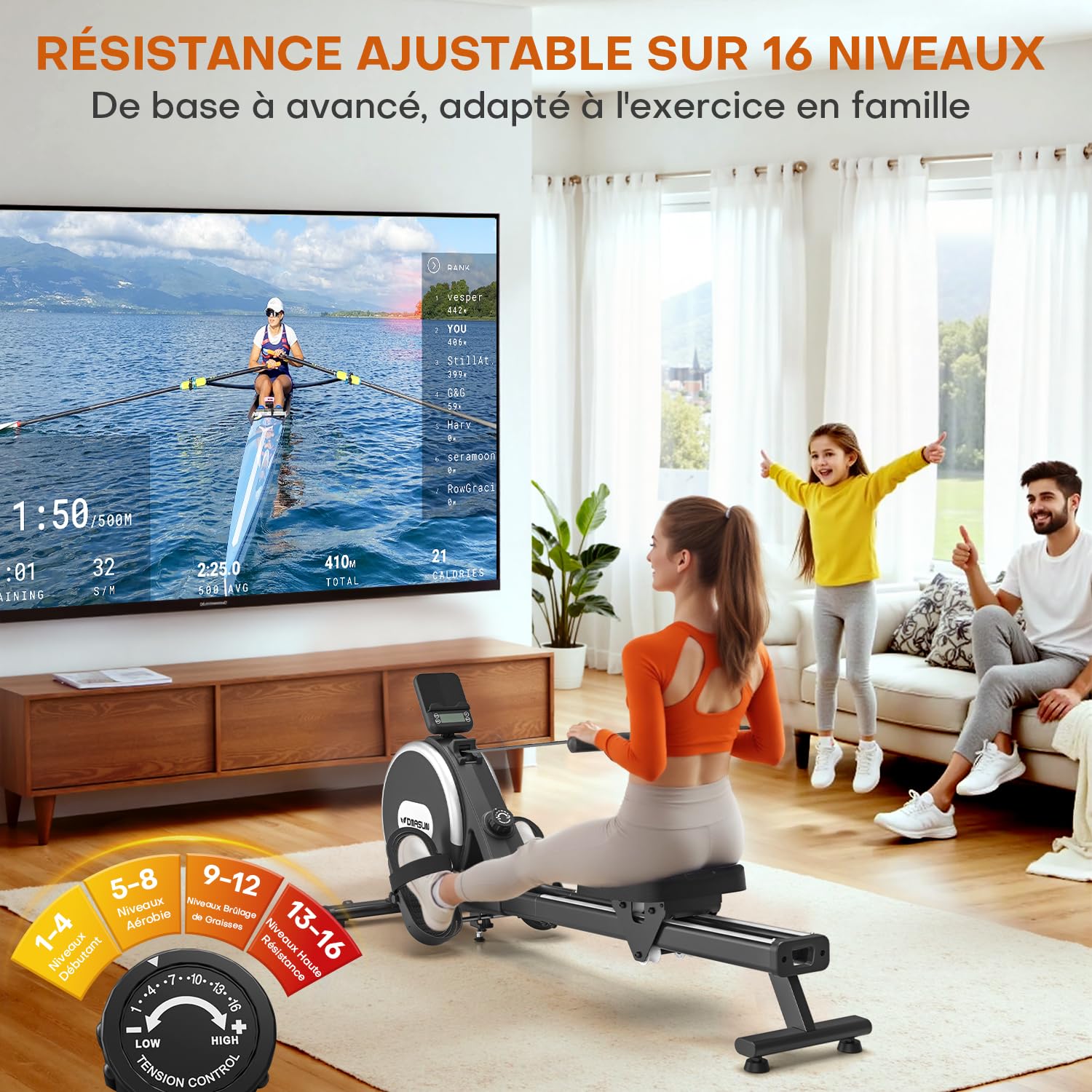 Rameur, DMASUN Rameur Magnétique D'appartement, Rowing Machine Connecter APP avec Écran LCD, 16 Niveaux de Résistance, Mise à Niveau vers Deux Rails, Silencieux, Capacité Maximale 160KG
