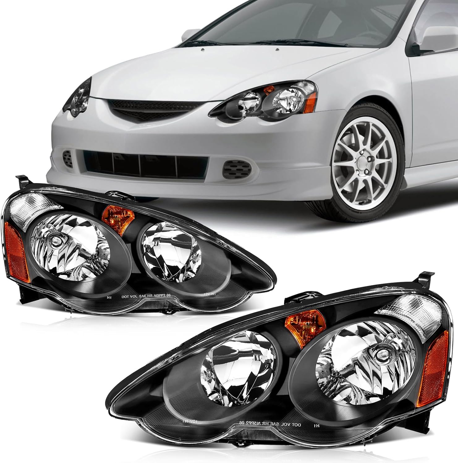 SCITOO Headlights for 2002-2004 for Acura RSX Pair Headlights Assembly Black Housing Amber Reflector 33151-S6M-A01