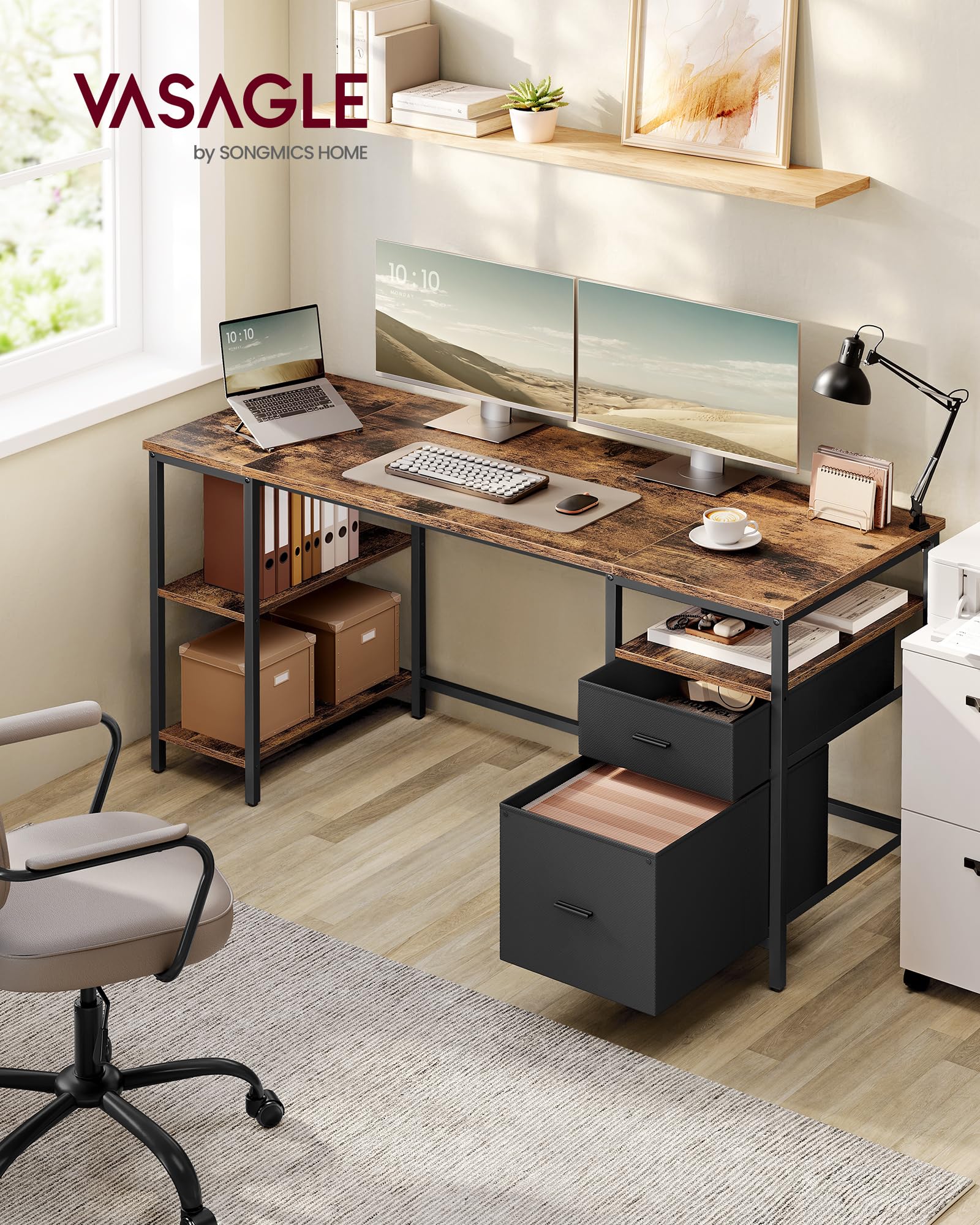 VASAGLE Computertisch, Bürotisch, Schreibtisch, mit 3 Ablagen, 2 Schubladen, 160 x 60 x 76 cm, fürs Büro, Wohnzimmer, Industrie-Stil, vintagebraun-schwarz LWD105K01