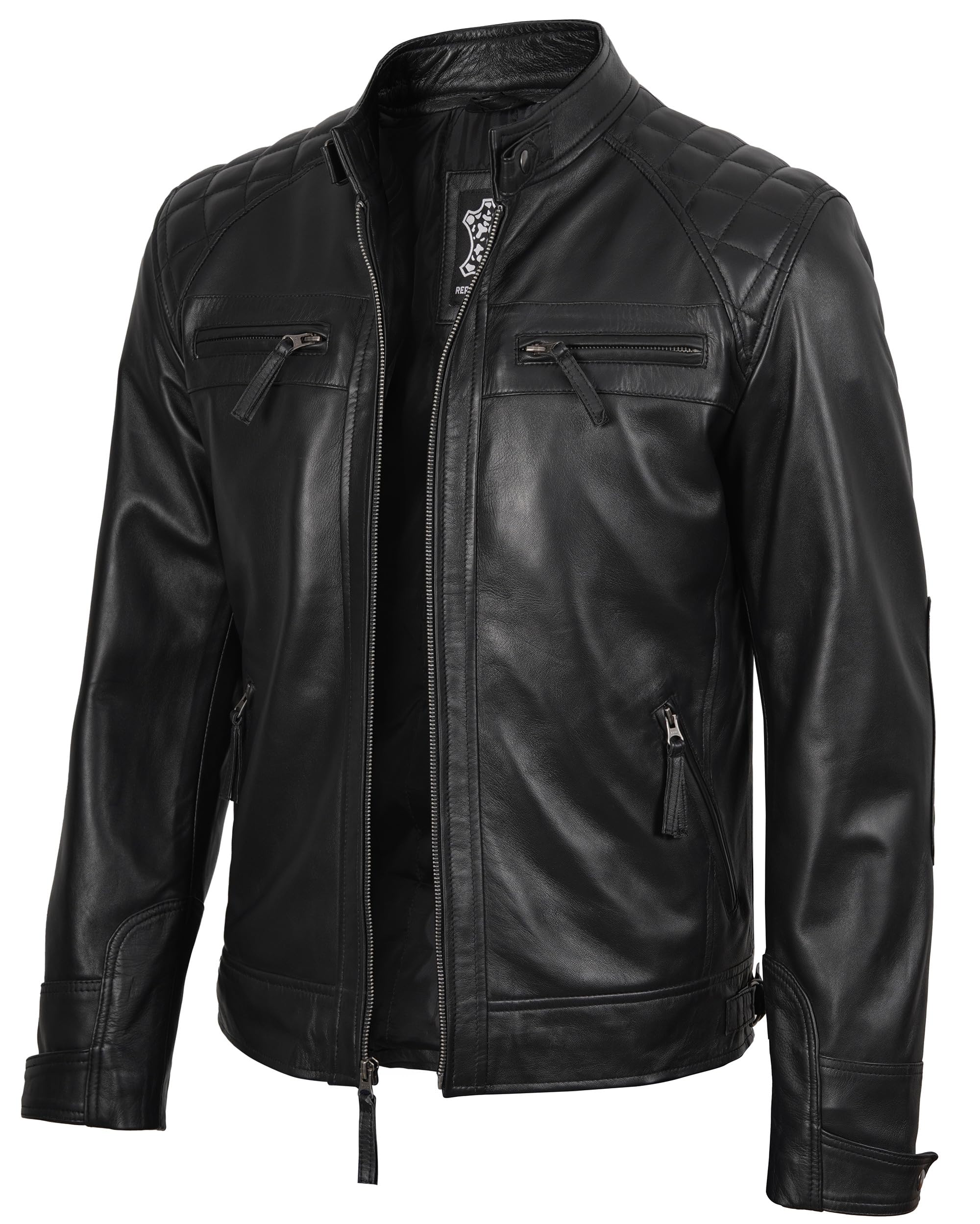 fjackets Real Lambskin Mens Leather Jackets - Quilted Cafe Racer Zip Up Moto Style Leather Jacket Men