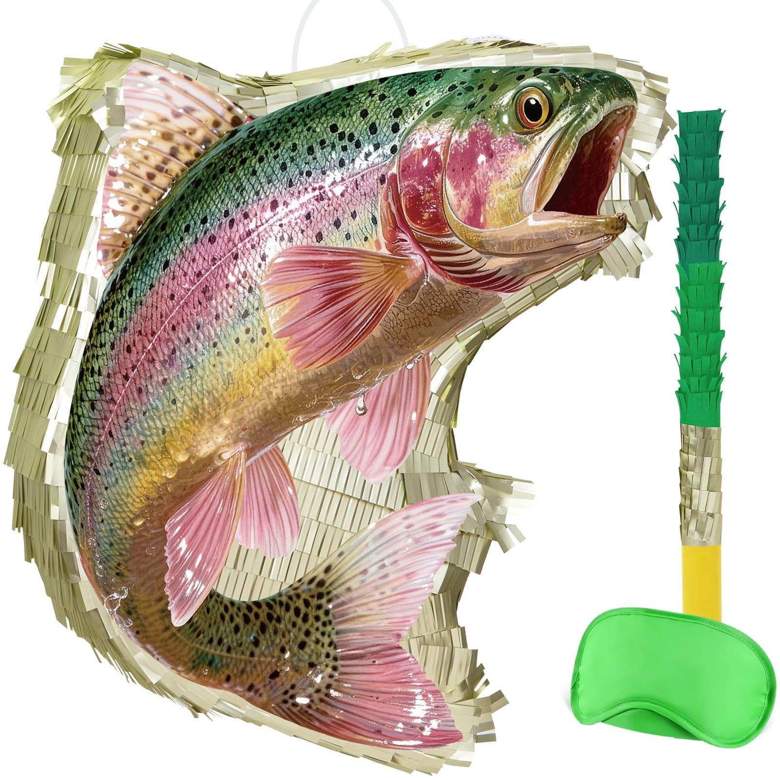 WERNNSAI Rainbow Trout Pinata - Fishing Party Decorations Trout Fish Pinata with Blindfold and Stick for Men Fishing Birthday Decorations Father's Day Summer Pool Celebration Carnival Supplies