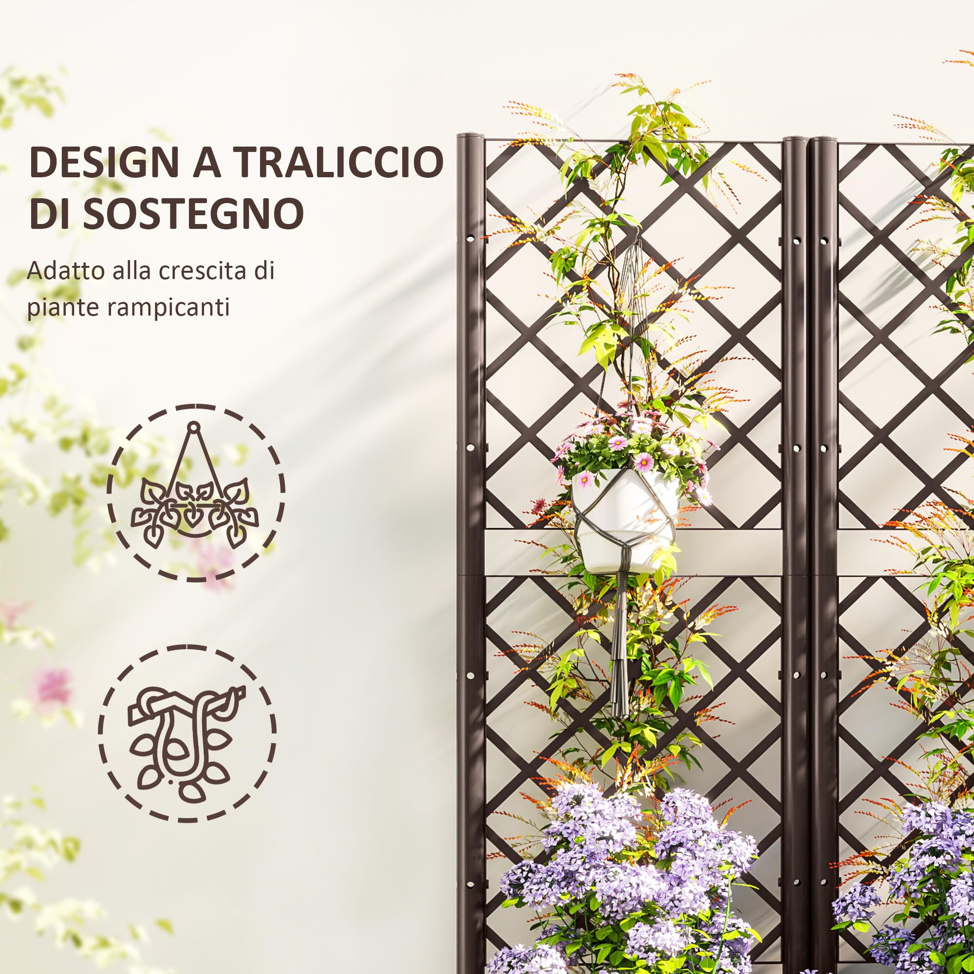Outsunny Letto per Orto Rialzato da Esterno in PP 80x40x135 cm Marrone | Grigliato, 6 Fori di Drenaggio, Fioriera da Esterno per Piante Rampicanti, per Fiori e Verdure, per Giardino e Balcone