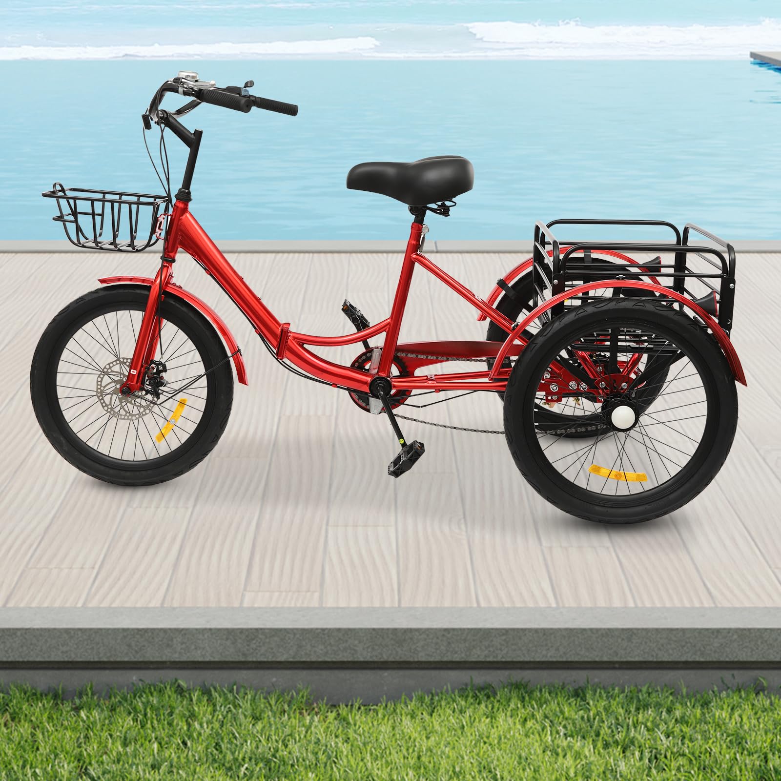 Tricycle pliable rouge à 7 vitesses – Vélo robuste avec siège réglable et freins pour le shopping, les randonnées et l'entraînement