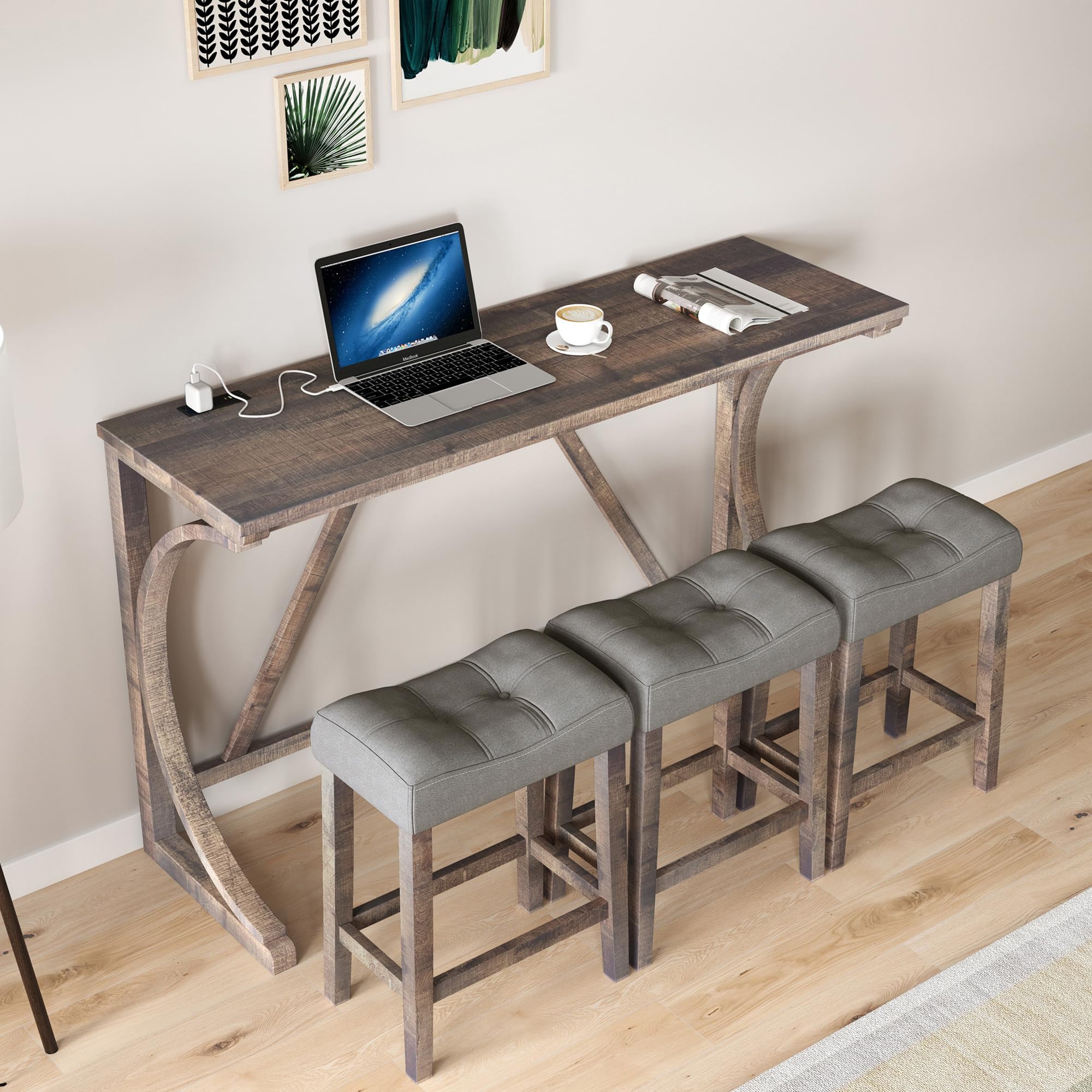 LKTART Dining Bar Table and Chairs Set 4 Piece with Power Outlet, Bar Table Set with 3 Padded Stools, Industrial Breakfast Table Set for Living Room