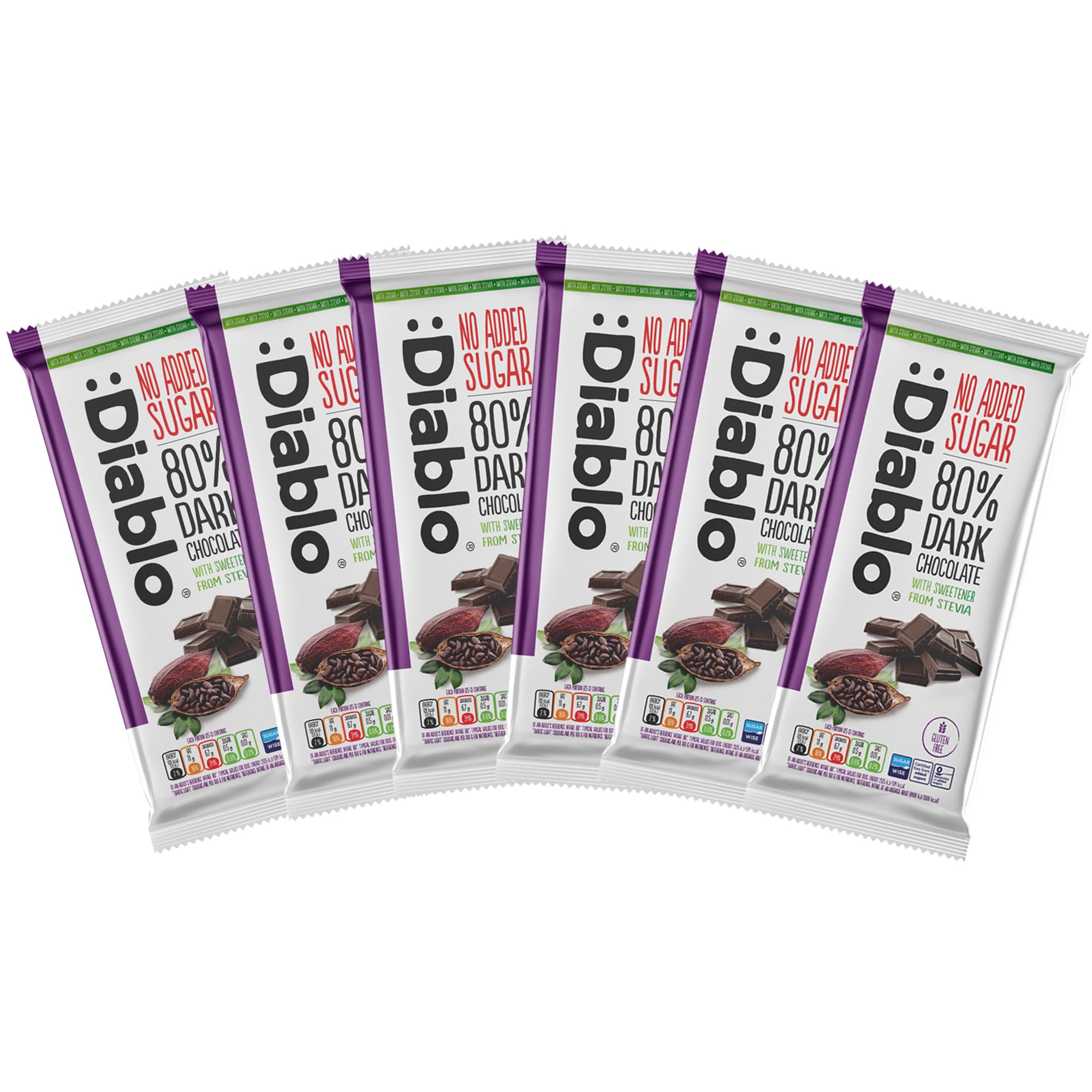 Diablo No Added Sugar 80% Dark Chocolate – No Added Sugar Chocolate Bar, Sweetened with Stevia, Gluten Free, Ideal for Any Occasion, Birthdays, Valentines, or Gift Hampers, 75g (Pack of 6)