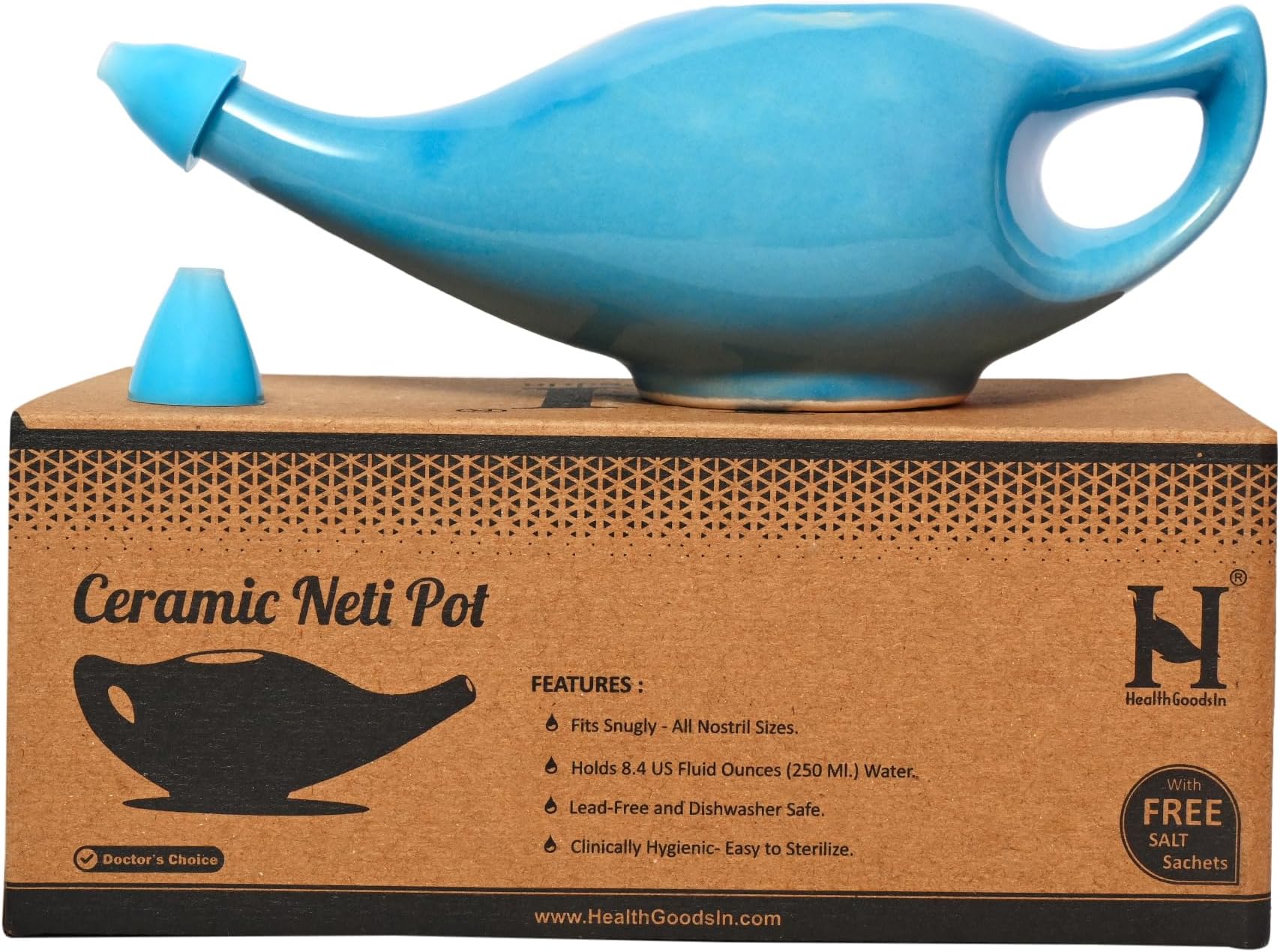 HealthGoodsIn Ceramic Neti Pot, Dishwasher Safe, Premium Handcrafted with 2 Silicone Nozzle and Salt for Sinus - 225 Ml. Capacity (Sky Blue)