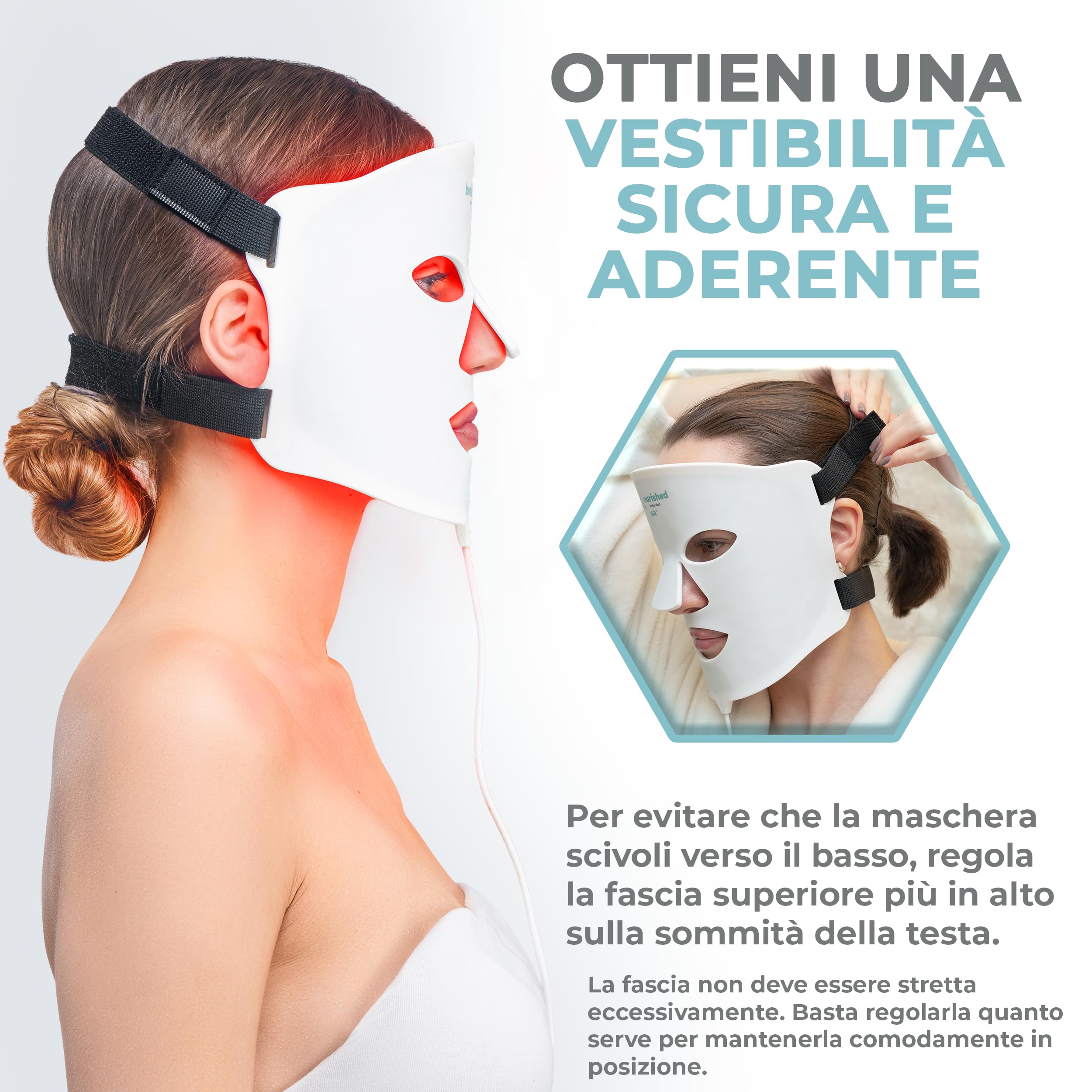Nourished Bodynskin Maschera LED per il Viso a 7 Colori con Infrarossi Vicini - Terapia della Luce Blu, Rossa per il Viso - 456 LED - Strumento per la Cura della Pelle contro le Rughe, Anti-Età