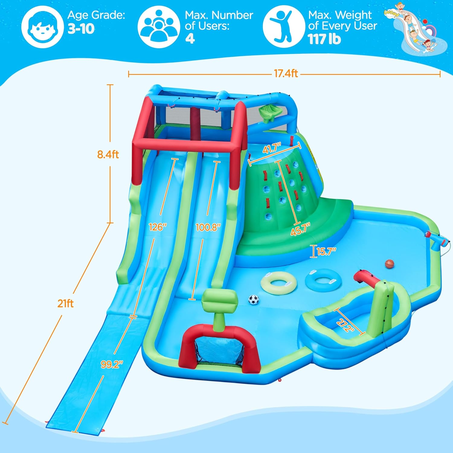 Yaheetech Inflatable Water Slide, 9-in-1 Extra Long Water Slide Combo w/Large Climbing Wall & 2 Slides & 2 Pools & Water Cannon & Soccer Goal,Blow up Water Park for Kids w/Storage Bag & 650W Blower