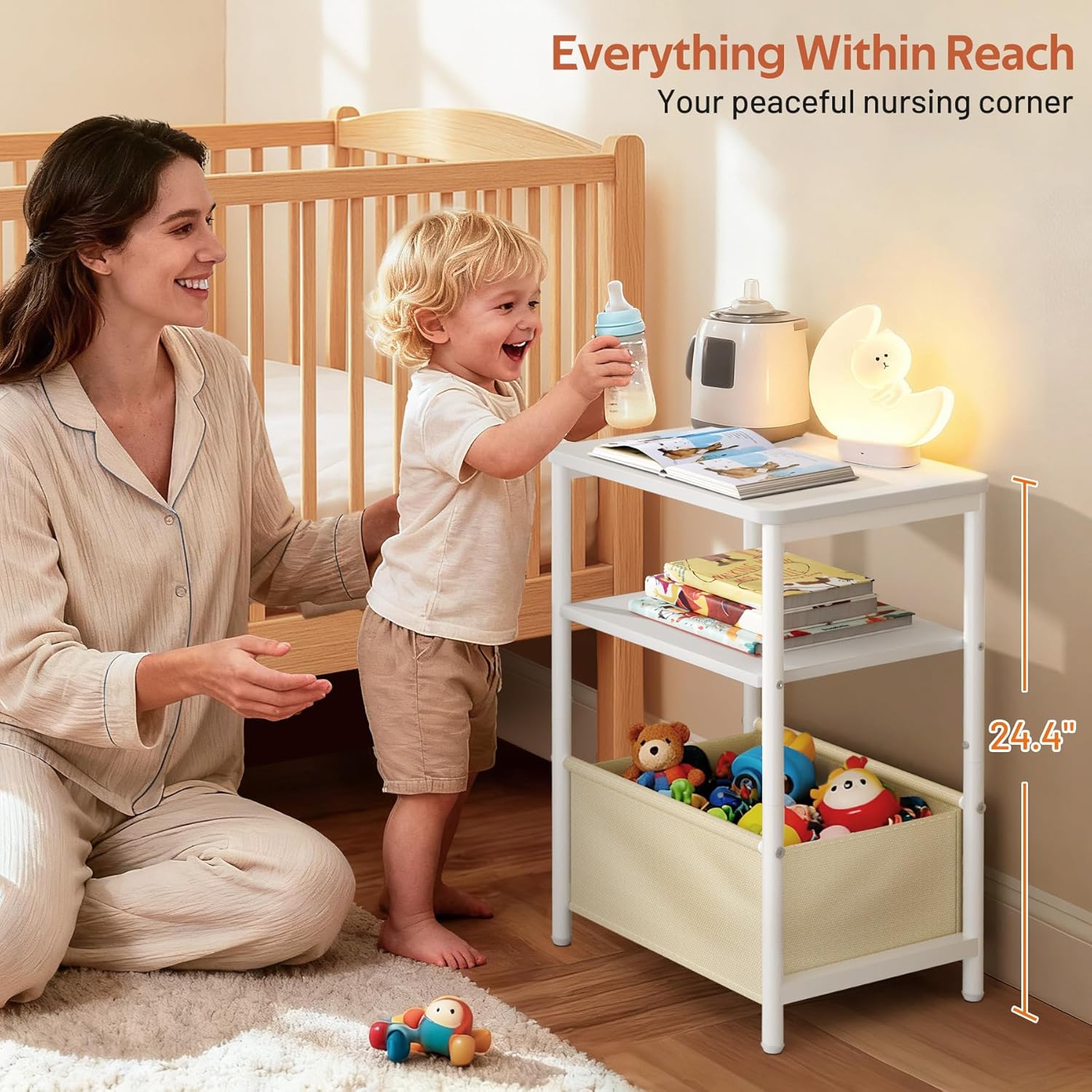 MISSLO Nursery Side Table for Living Room with Storage Basket Small End Tables for Small Spaces Kids Nightstand with Large Tabletop White Bedside Table Toddler Night Stand for Bedroom, Sofa, Dorm
