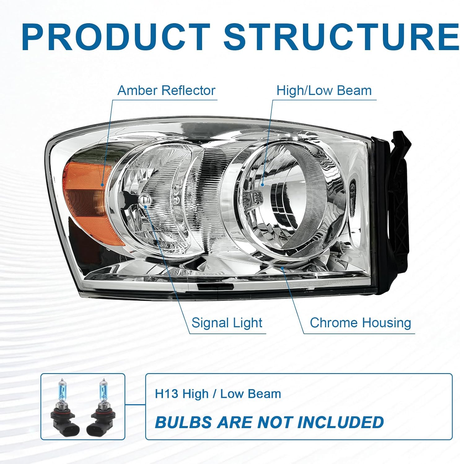 for 2006-2008 Dodge Ram 1500 2500 3500 Headlights Assembly Compatible 2007 2009 with Halogen Headlamps Amber Reflector Chrome Housing