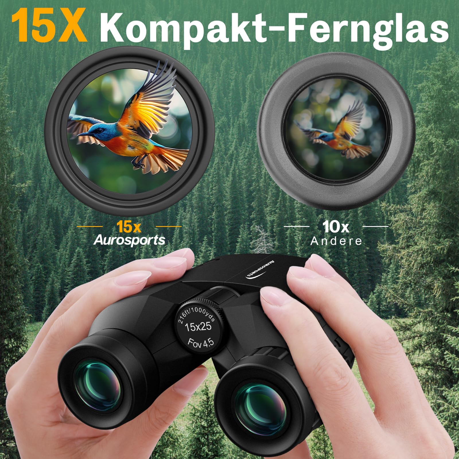 Aurosports Jumelles compactes 15 x 25 pour adultes et enfants HD pour chasse