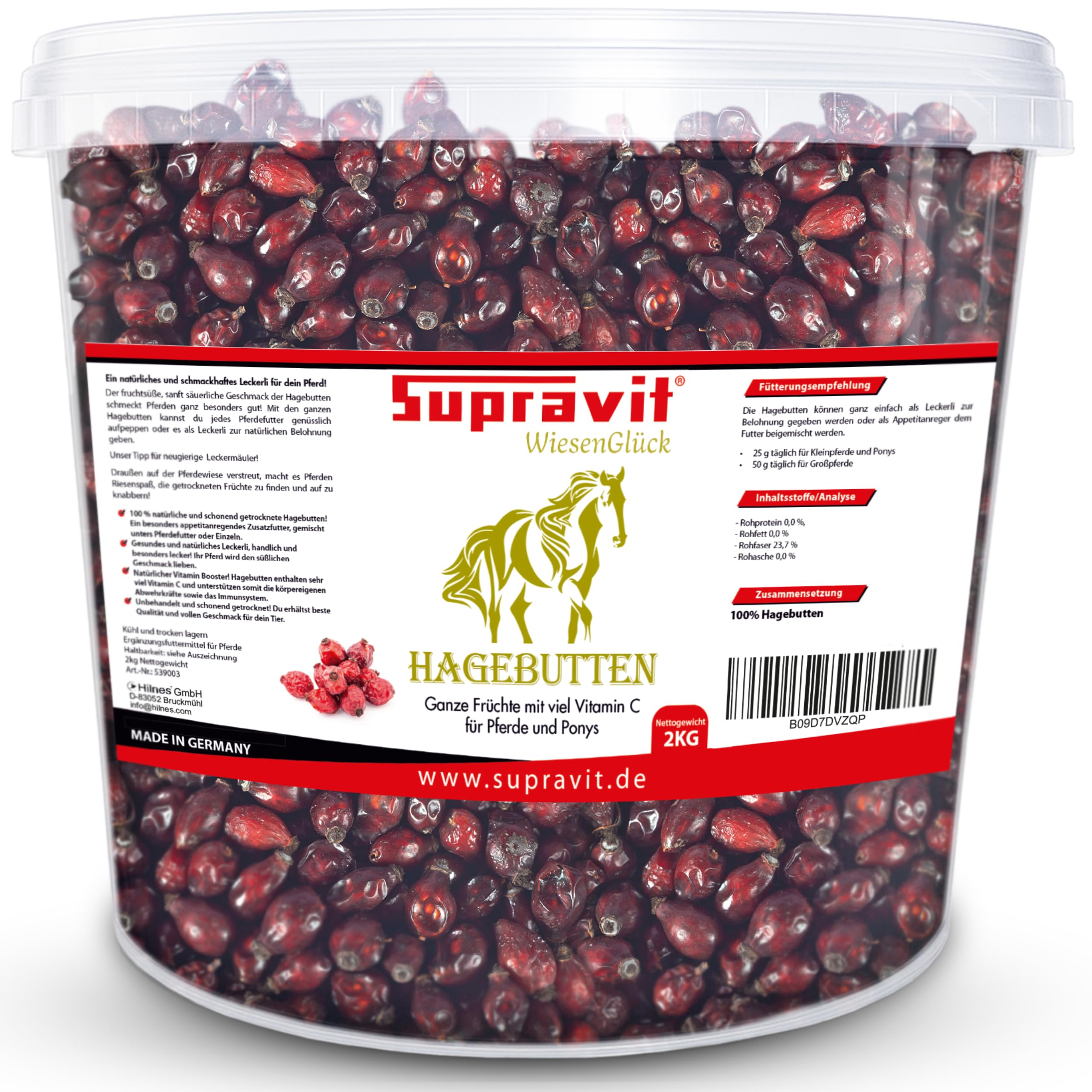 Supravit Hagebutten Pferd | Mit viel Vitamin C für Pferde und Ponys | 2kg Eimer I Ganze getrocknete Früchte - natürliche Pferdeleckerlis ohne Zucker | Erstklassige Qualität