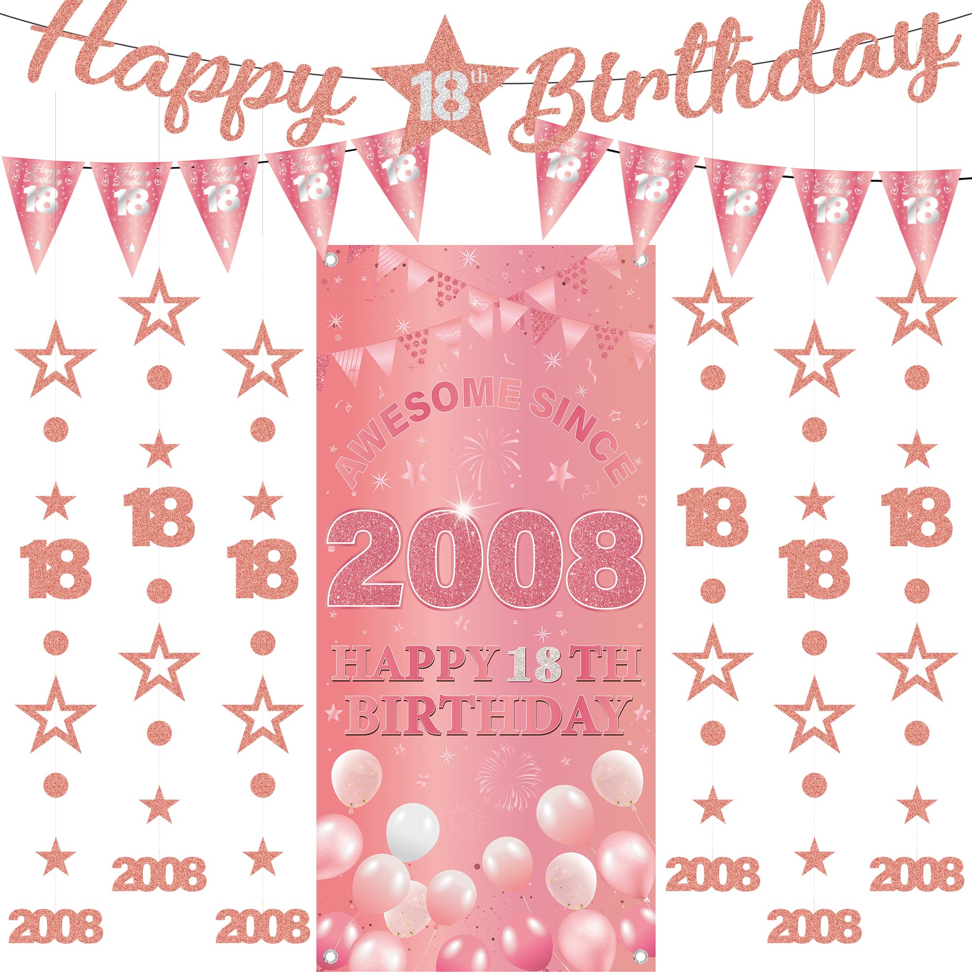 18th Birthday Decorations Girls Banners - 9 Pcs Rose Gold Happy Birthday Banner Awesome Since 2008 Curtain Twinkle Star Dot Hanging Streamer Pennant for Girl 18 Years Old Party Wall Decor Supplies