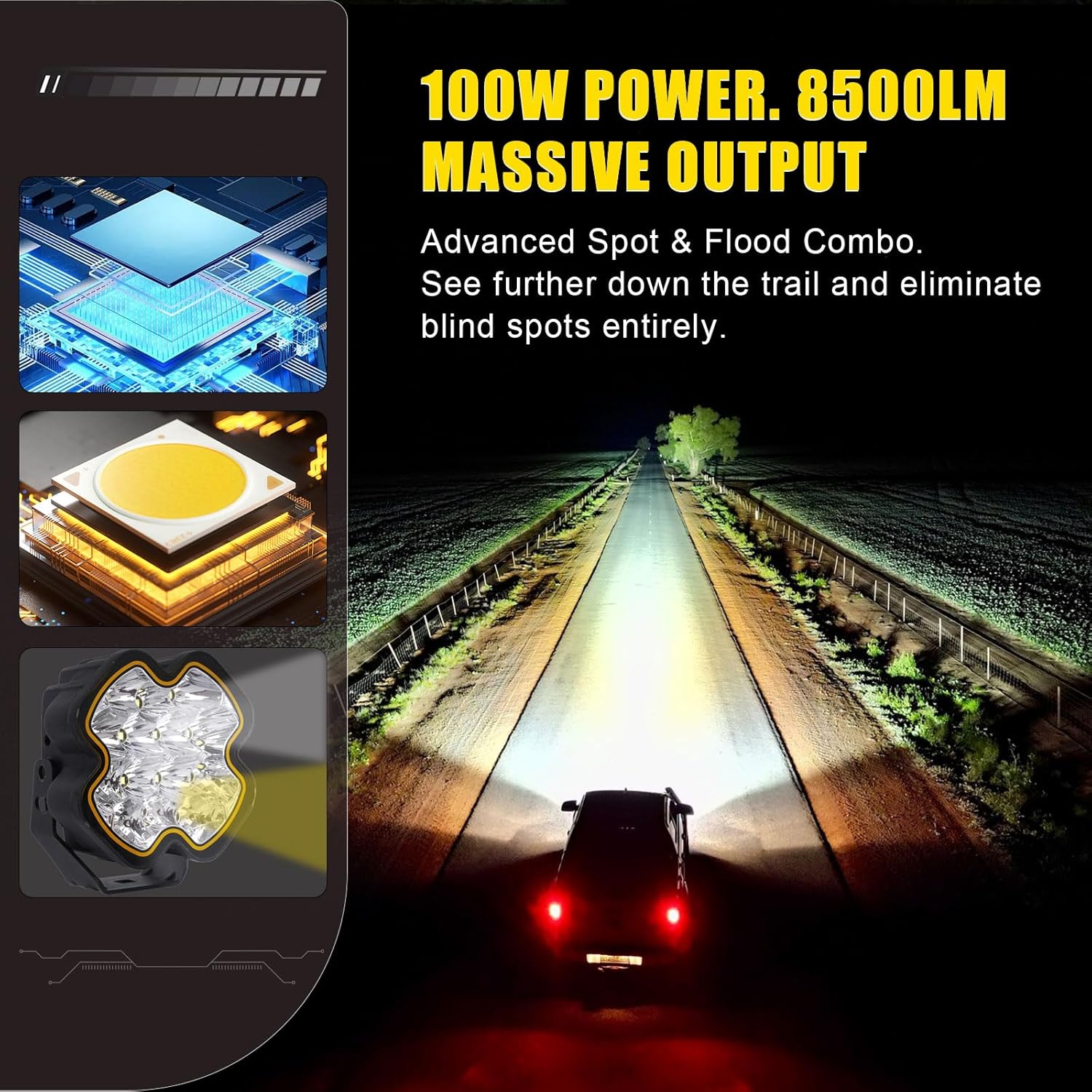 1 Pair Off Road Light with Remote, 4 Inch LED Driving Light Bar, 100W 8500LM Spot Flood Combo Spotlights, Offroad Lighting Pod Lights, for Truck Jeep ATV, 2 Years Warranty