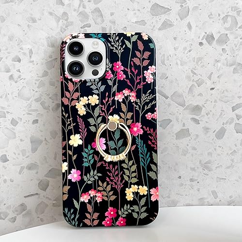 Miniatura 6 de Qokey Funda compatible con iPhone 14 Pro Max, bonita funda de flores de jardín con anillo giratorio de 360 grados, soporte de soporte de TPU suave y