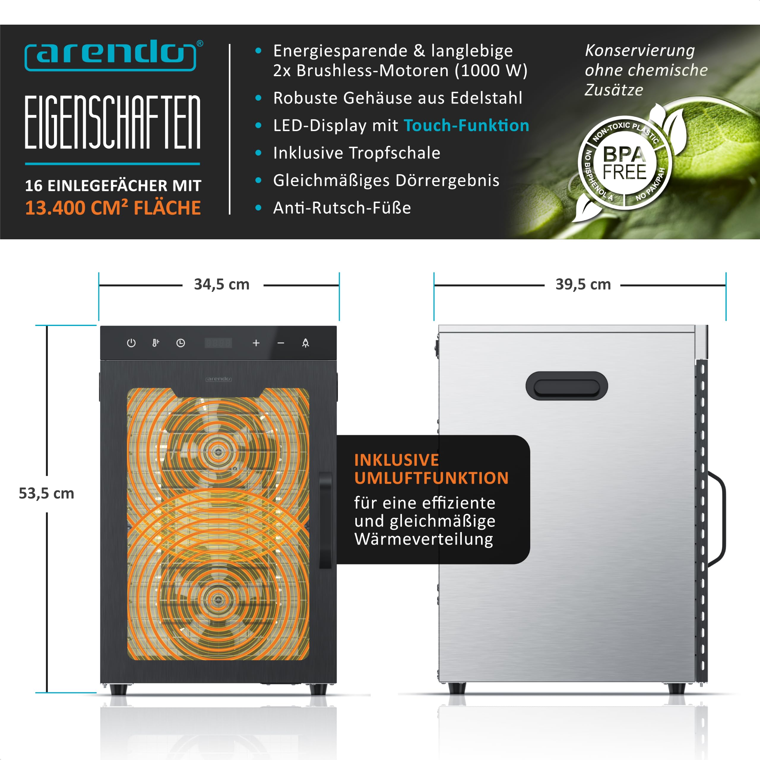 Arendo - Dörrautomat Edelstahl mit 16 Edelstahlgitter - 1000 Watt - 13400 cm² - 8 Programme - Dörrgerät Dehydrator Obsttrockner Dörrapparat - Obst Fleisch Pilze uvm - LED Touch Control