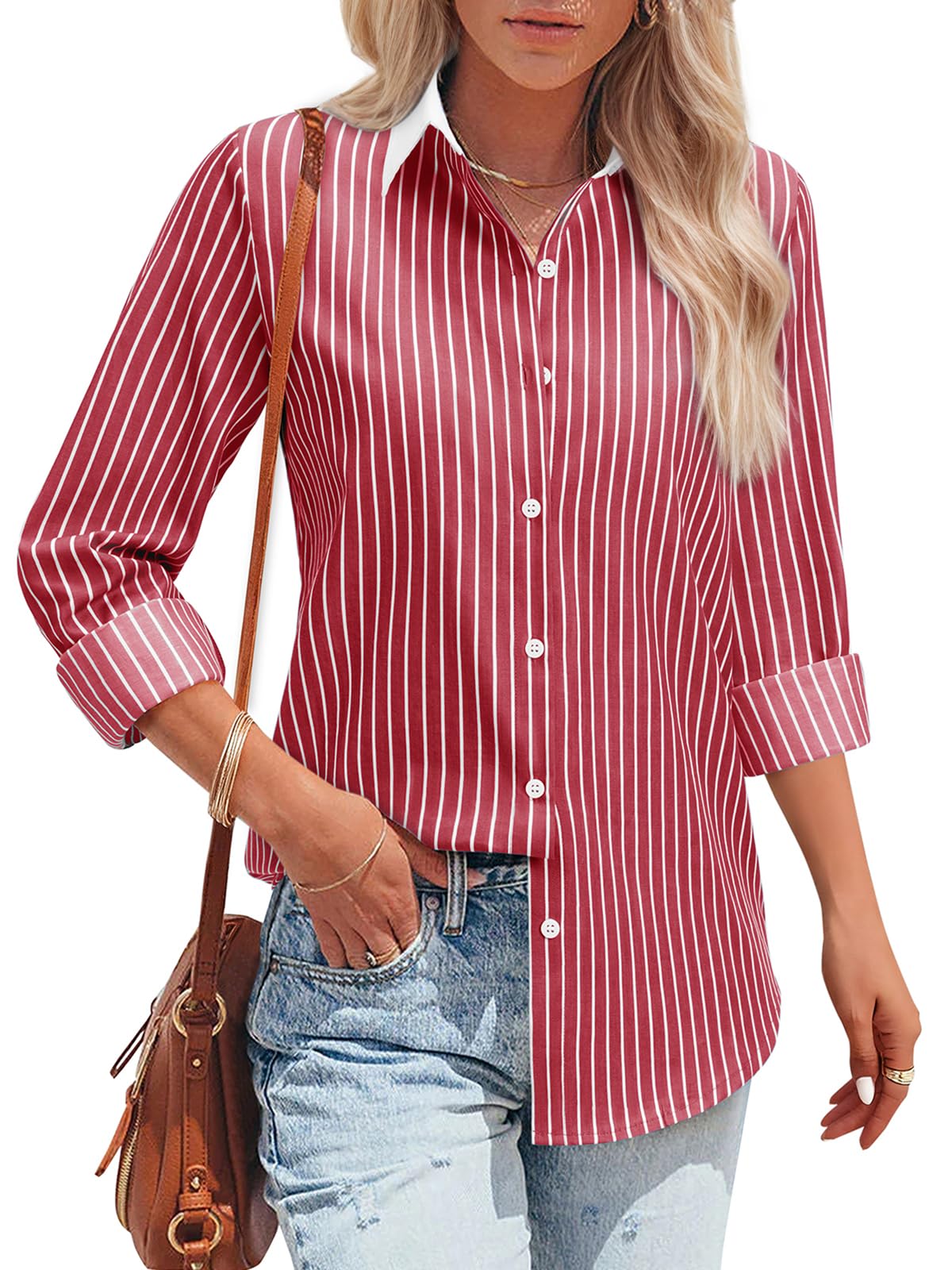 Striped Button Down Shirts for Women Cotton Dress Shirt Long Sleeve Collared Blouse Tops Business Office Attire