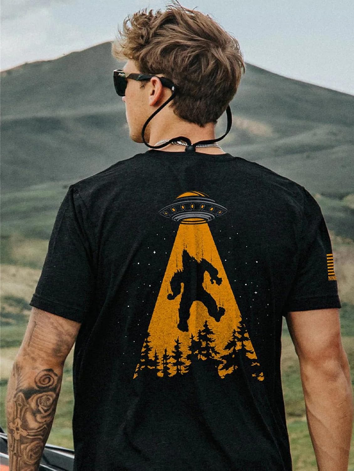 Nine Line Sasquatch UFO Alien Abduction Shirt, Bigfoot Yeti Cryptid Squatch T Shirt for Men, USA Made Triblend Graphic Tee