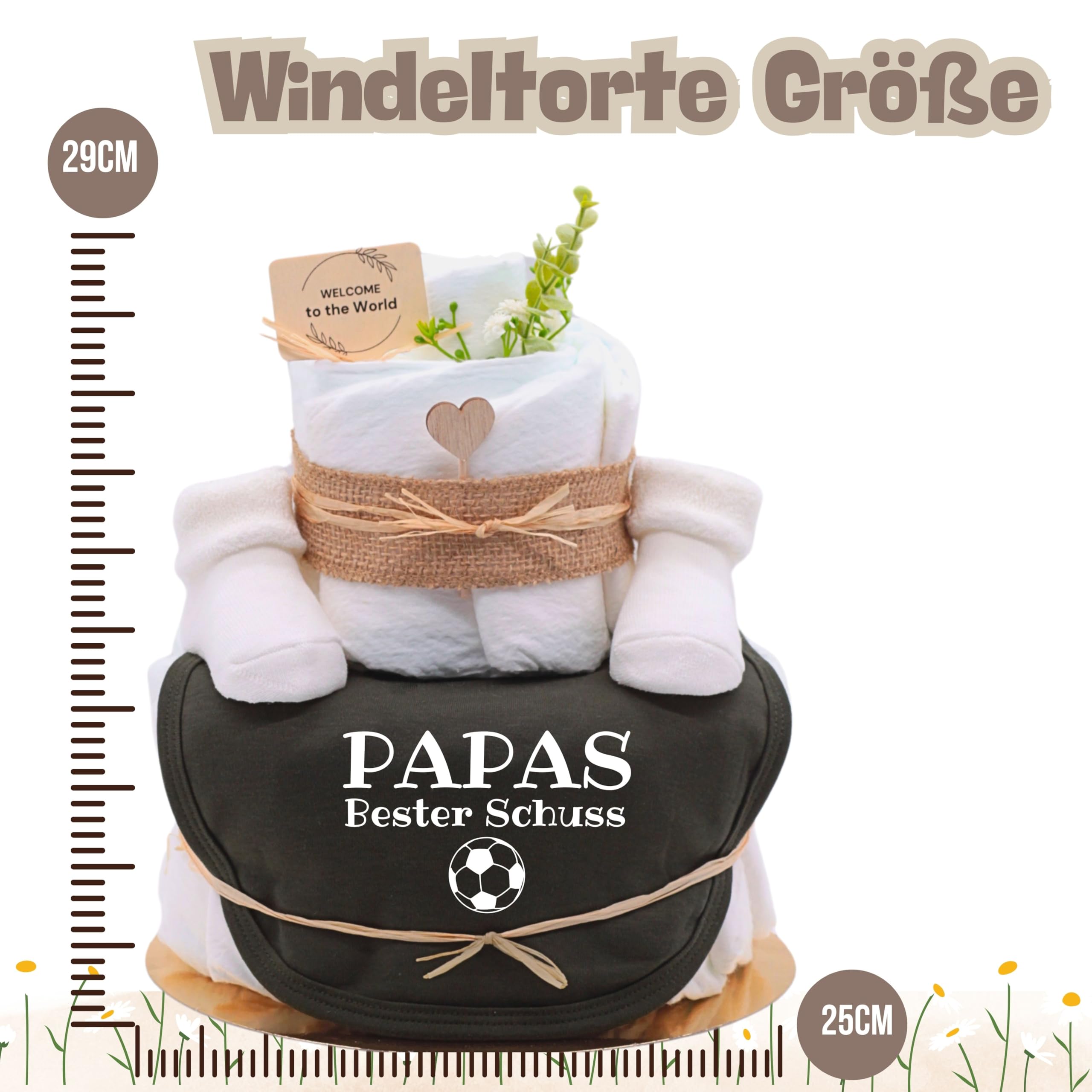 Trend Mama® | Windeltorte | dark oliv grün | Spruch wählbar | 27 Windeln,Lätzchen, Kuschelsocken |Geschenk Geburt (Design| Fussball- Papas bester Schuss)