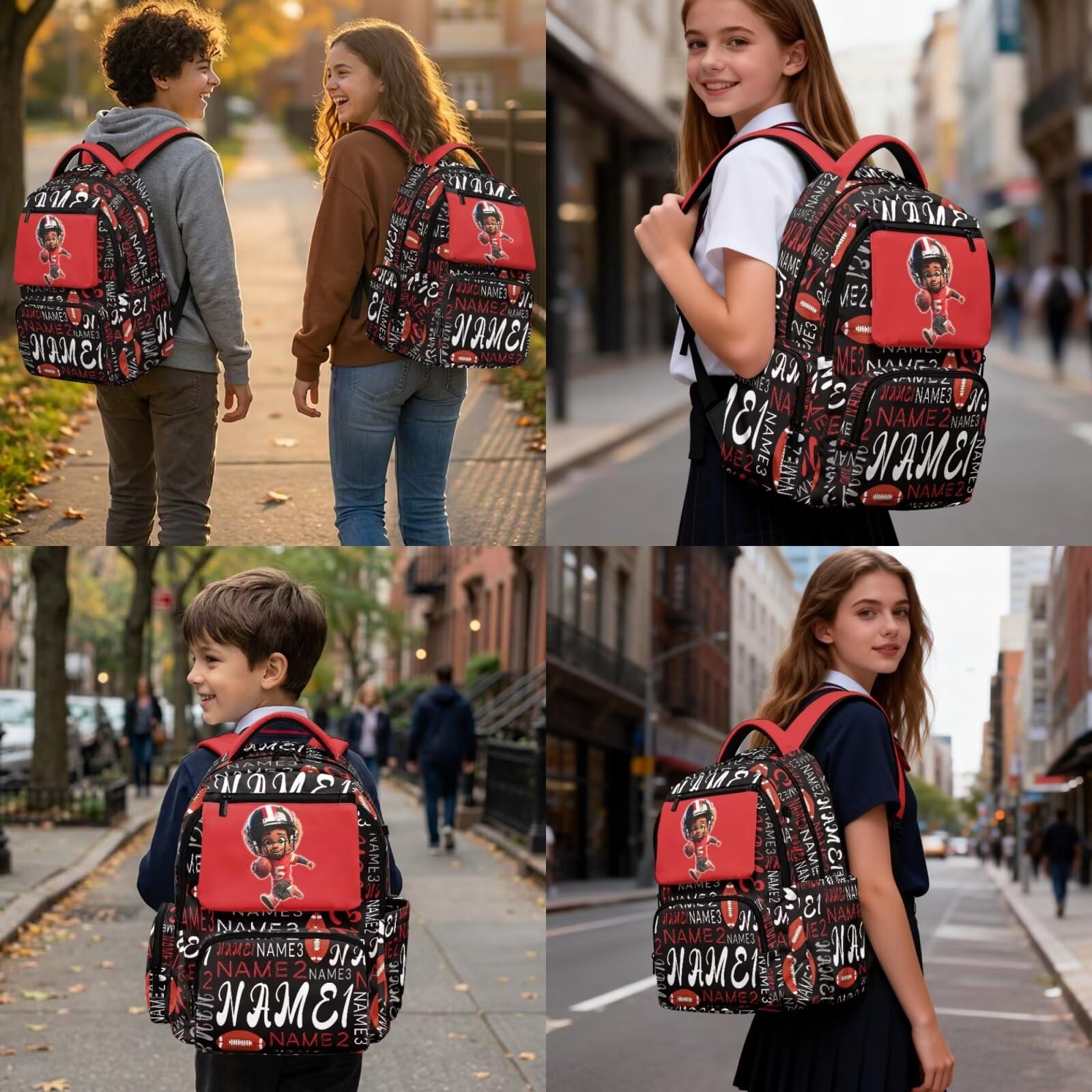 Howilath Zaino per bambini ragazze ragazzi con set portapranzo isolato, set di zaino per la scuola elementare 4 in 1, Nome personalizzato Football Player Boy, L, Classico