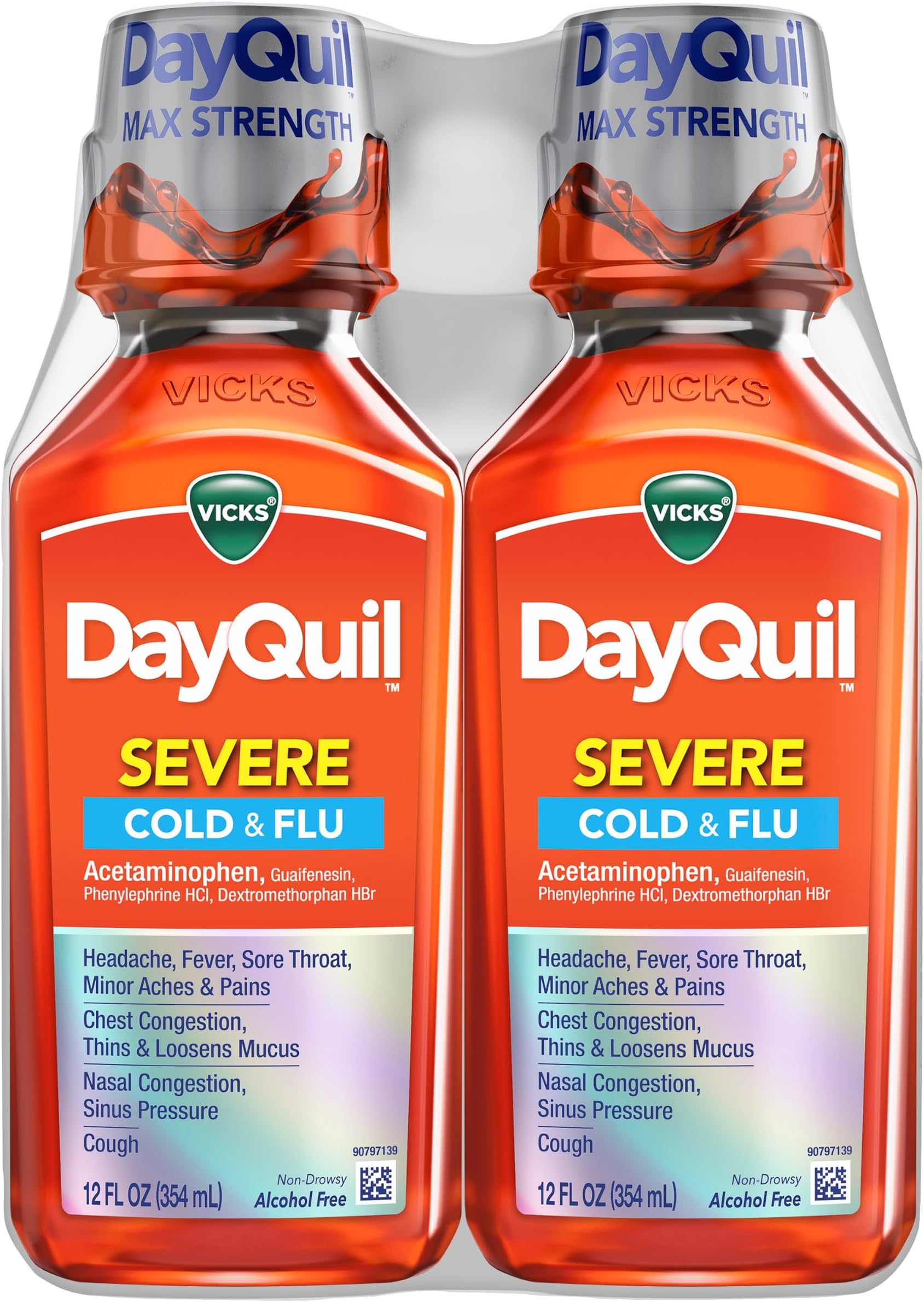Vicks DayQuil Severe Cold & Flu Liquid Medicine, Daytime Relief for Headache, Fever, Sore Throat, Minor Aches & Pains, Chest Congestion, Stuffy Nose, Nasal Congestion, Sinus Pressure, & Cough, 2x12oz