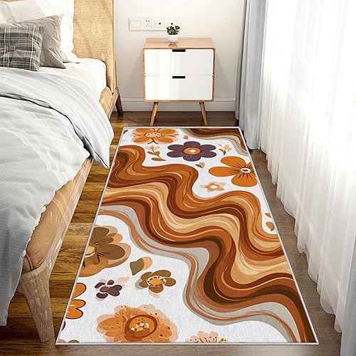 Miniatura 3 de 70s Retro Floral Runner Rug 2x10 - Washable Funky Flower Hallway Rugs Non Slip, Orange Brown Abstract Wavy Decor Carpet Runner for Bedroom Kitchen