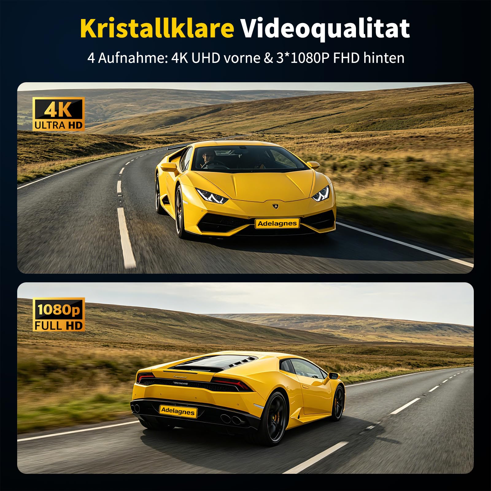 4 Kanal Dashcam 360° Dashcam Auto Vorne Hinten 4K+1080P, 5 Zoll IPS Bildschirm Dash Cam Auto Kamera mit WiFi Kostenlose 64 GB Karte,8 IR Lamp Nachtsicht,G Sensor,Loop-Aufnahme,APP Steuerung