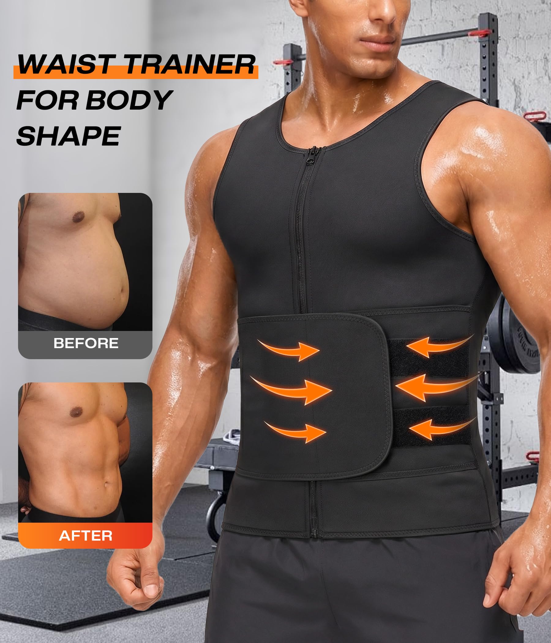 Junlan Herren Sauna Shirt Sauna Weste body shaper Schwitzanzug Taille Trainer Fitness Korsett Reißverschluss Tank Top