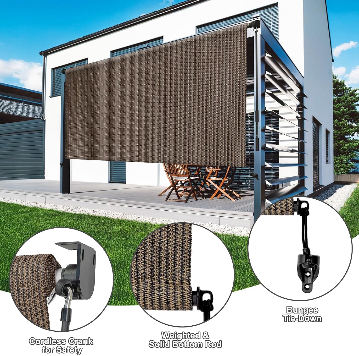 LOVE STORY 6'(W) x8'(H) Cordless Outdoor Roller Shade Exterior Patio Roll Up Blinds for Porch Gazebo Backyard, Mocha