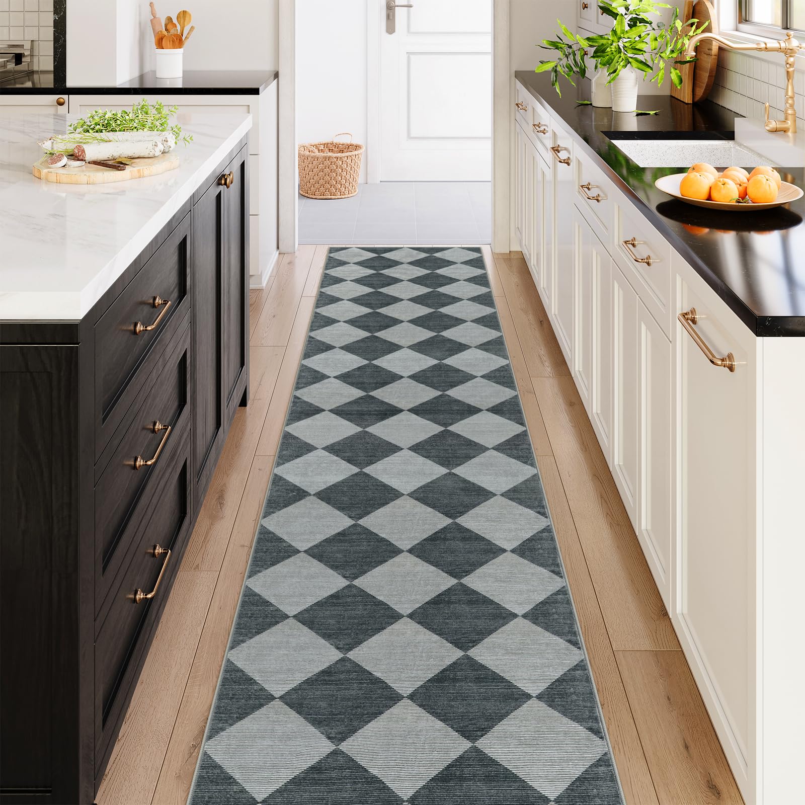 Beeiva Checkered Print Kitchen Runner Rugs Non Skid Washable 2.5x12, Moroccan Extra Long Washable Runner Rug for Hallways, Modern Plaid Stain Resistant Carpet for Kitchen Hallway Home Decor — image 1