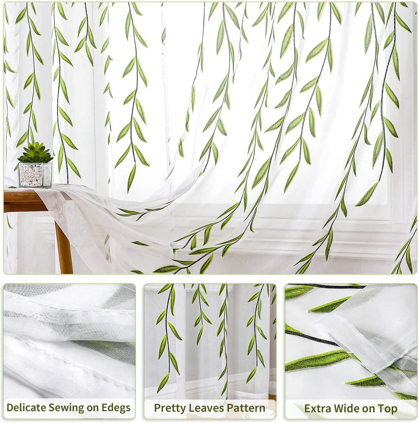 BROSHAN Sheer Curtains 96 inches Long, Extra Wide 52 inch Sheer Bedroom Curtains Green Printed Thin Curtains Leaf Pattern Sheers Voile Curtains for Living Room Sliding Door