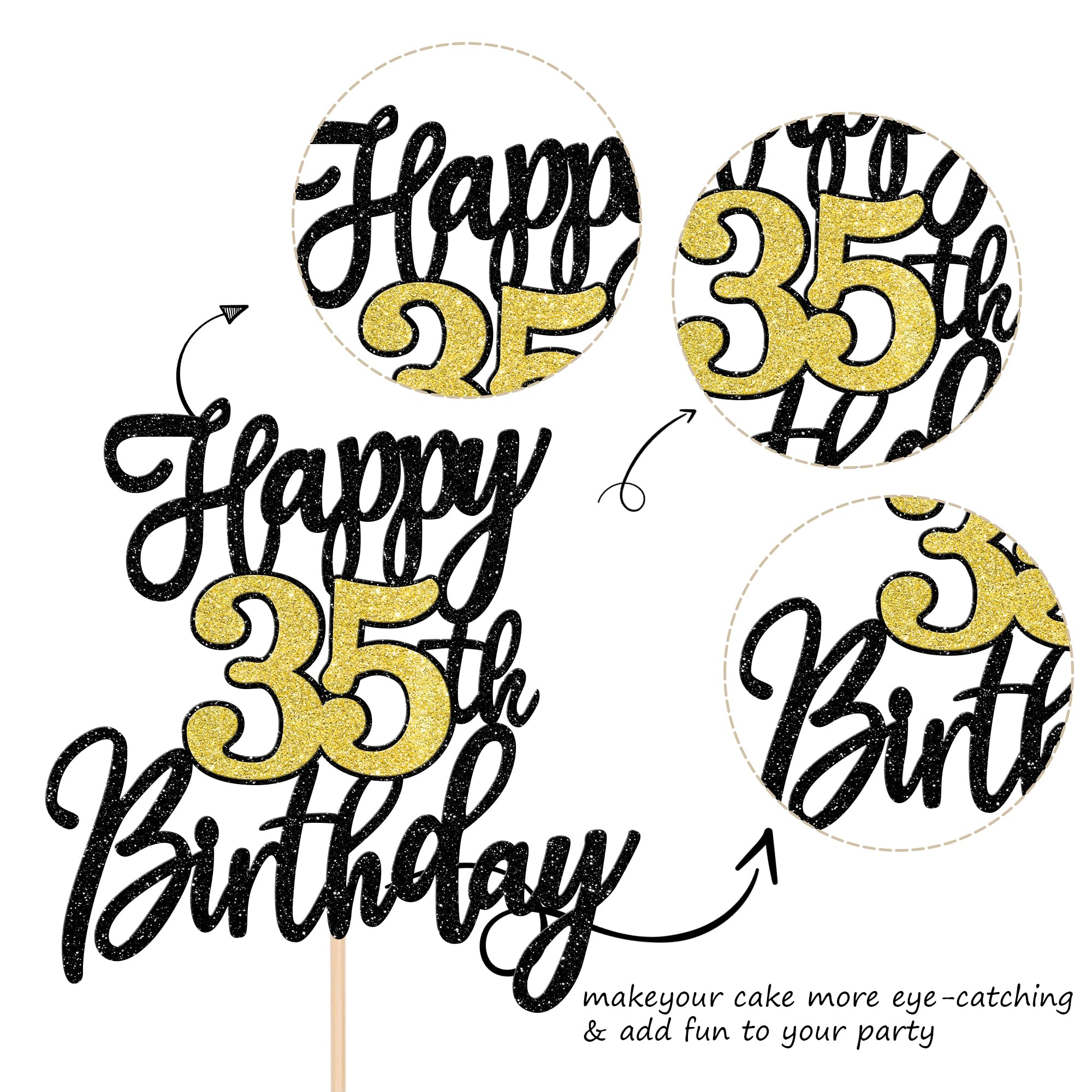 1 PCS Happy 35th Birthday Cake Topper Black Gold Glitter Cheers to 35 Years Birthday Cake Pick 35 Fabulous Cake Decoration for Happy 35th Birthday Anniversary Party Decorations Supplies 1