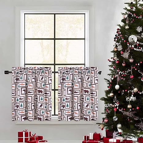GlowSol Christmas Short Curtains, Animals Pattern Christmas Window Curtains for Kitchen Living Room Bedroom Bathroom 2 Panels Boho Xmas Home Decor Rod Pocket Half Window Cafe Curtains, 27.5" W x 24" L