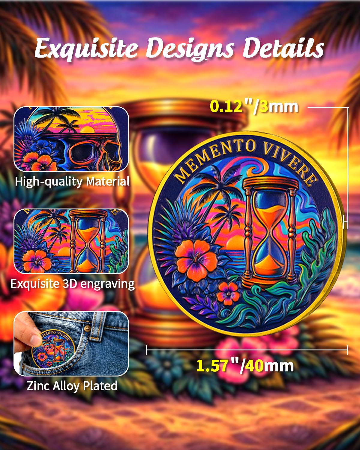 ACGZQY Skeleton Holiday Memento Mori Coin, -Sunset Skull Memento Vivere Coin, Carpe Diem Stoic EDC Challenge Coin - Image 3