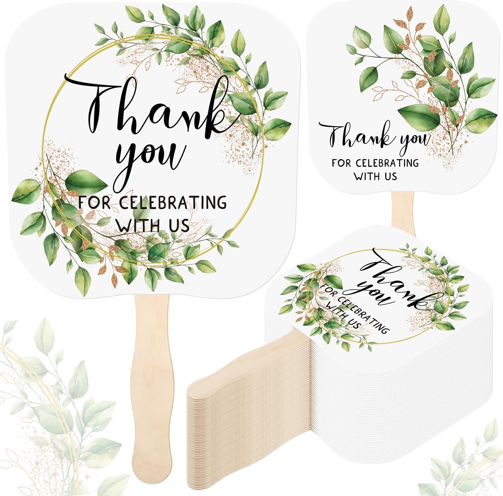 Tradder 50 Pcs Weeding Fans for Guest Weeding Paper Fan Hand Bulk Thank You for Celebrating with Us Bride Bridesmaid Favors Guest Gift for Bridal Wedding Baby Shower Party Decoration (Green Leaf)