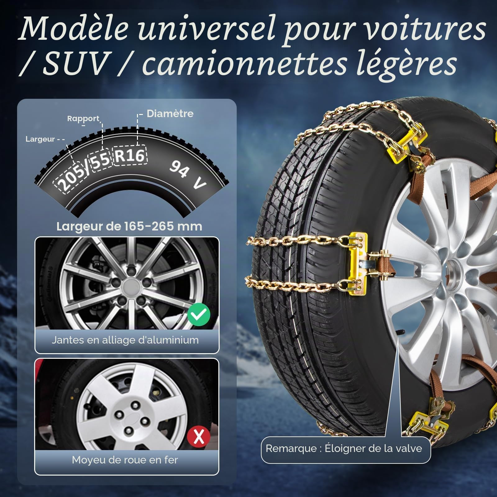 Chaînes à Neige Réglables et Robustes - Lot de 6 pour Voitures, Camions, SUV - Largeur 165-265mm - Avec Pelle à Neige en Plastique et Gants