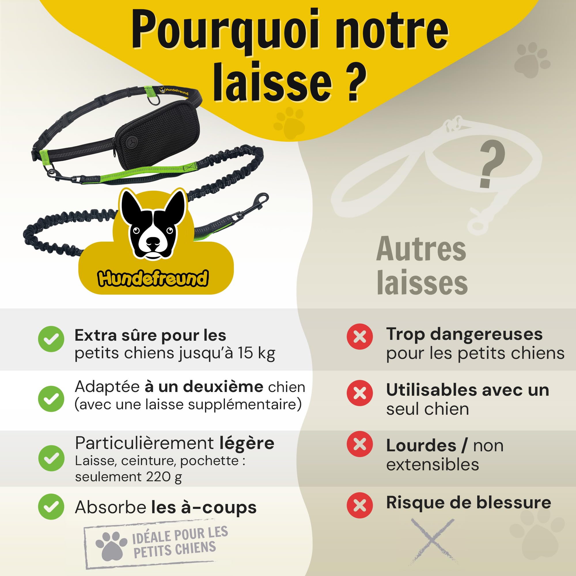Hundefreund Laisse Mains Libres pour Petit Chien jusqu'à 15 kg – Laisse Bungee Élastique 110-160 cm pour Canicross, Course à Pied & Jogging, Ceinture Réglable 65–120 cm avec Pochette