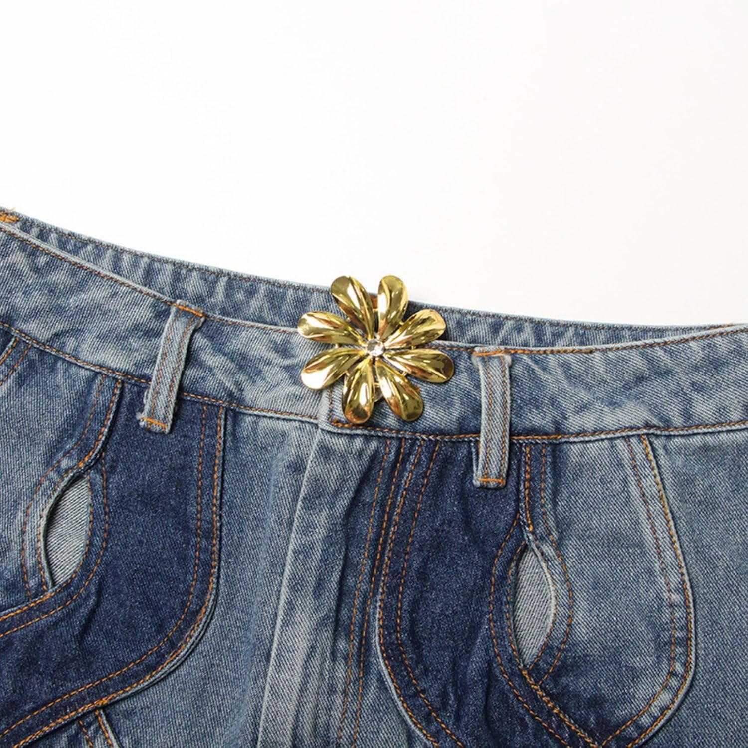 Womens Casual Straight Leg High Rise Cutout Metal Buttoned Jeans Denim Pants Streetwear