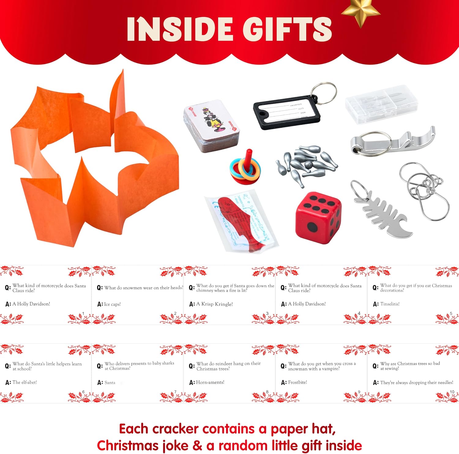 JOYIN 10 Pack Christmas Non-Snap Party Favor, Red & Green Snowflake Table Favor Includes Party Hat, Jokes & Gifts, Christmas Table Decorations for Holiday Dinner Traditions Party Supplies