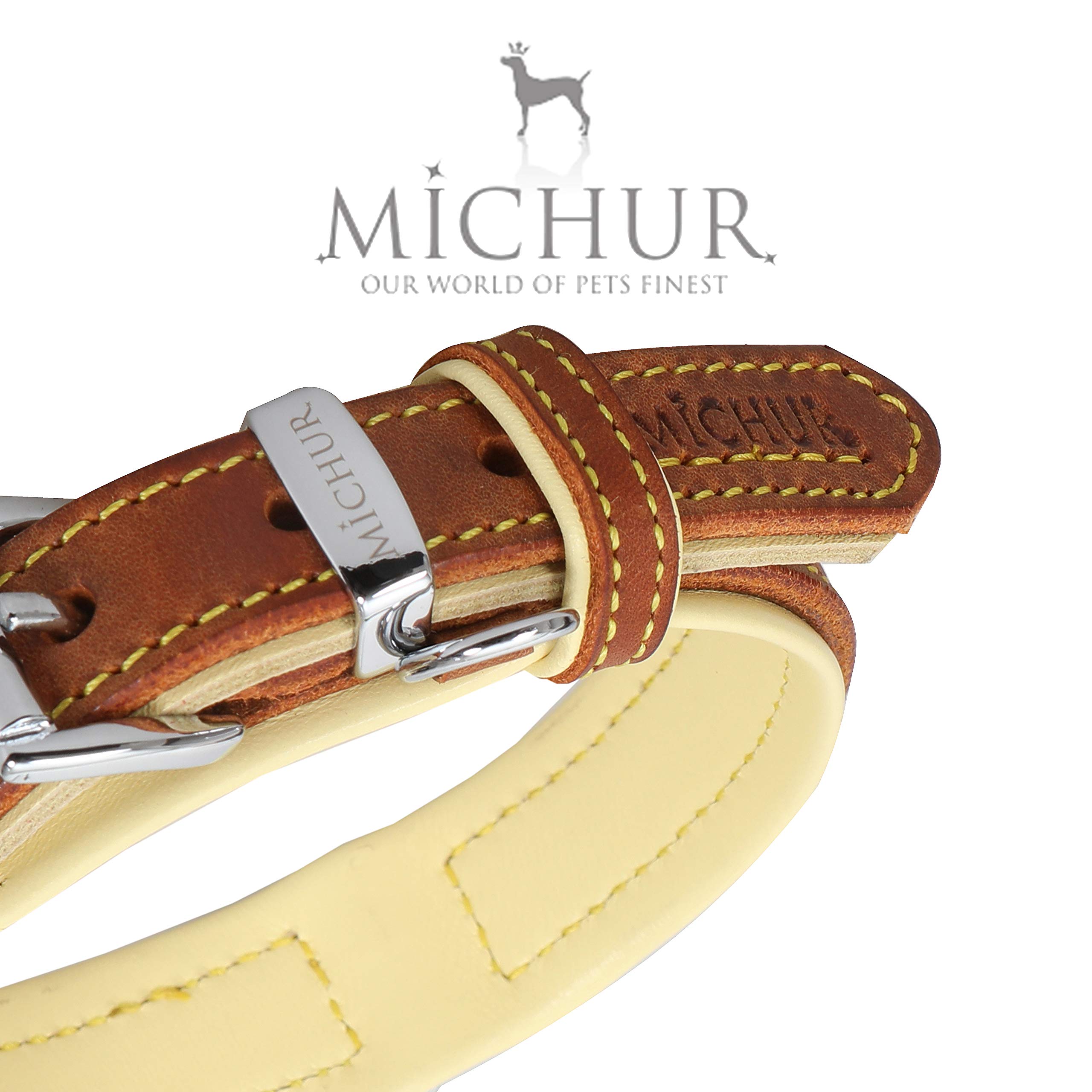 MICHUR Charly Hundehalsband Leder Braun Gelb, Lederhalsband Hund, Halsband, Leder, in verschiedenen Größen erhältlich