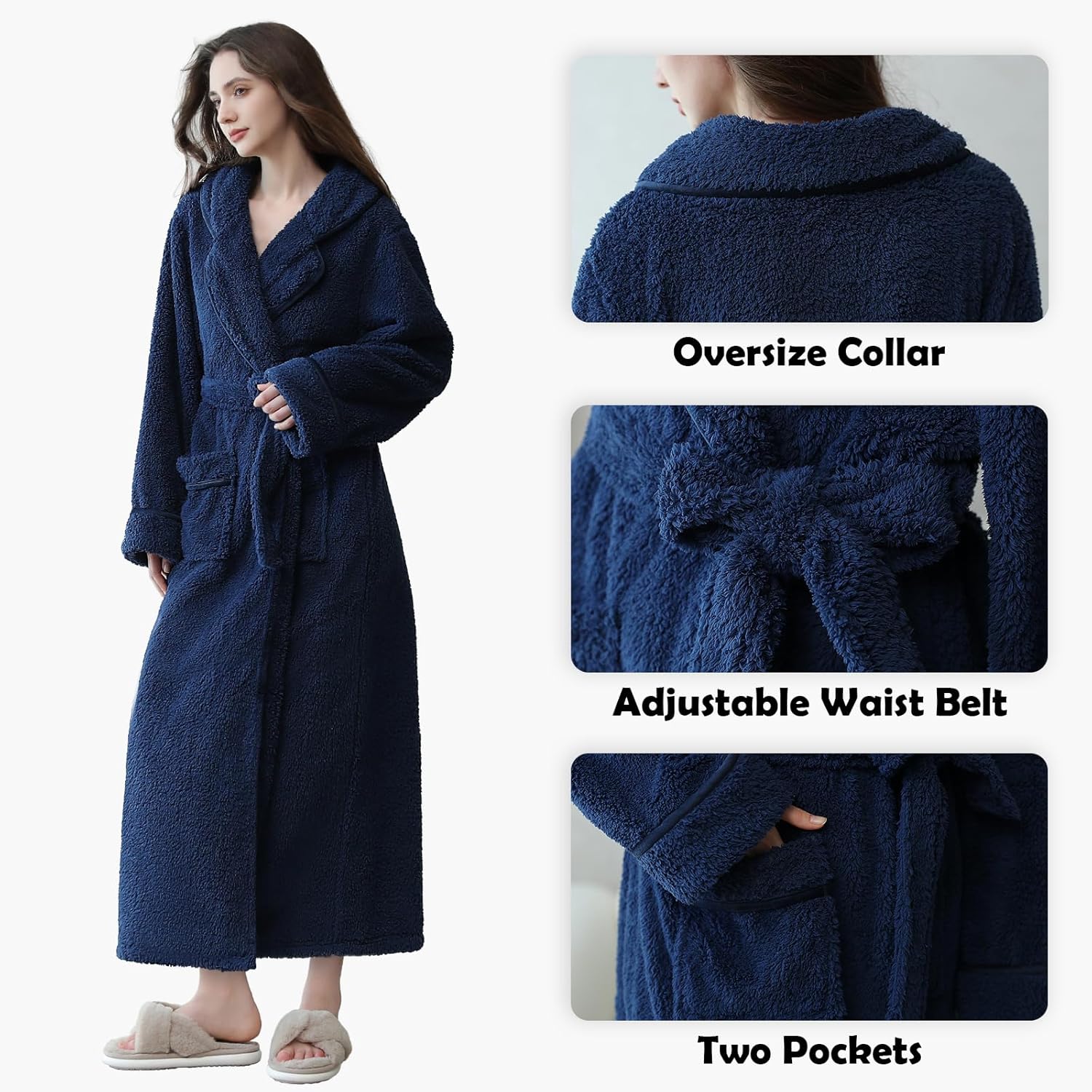 Oksun Womens Long Fleece Robe: Soft Fluffy Warm Bathrobe - Cozy Winter Housecoat Nigthgown with Chic Piping - Image 4