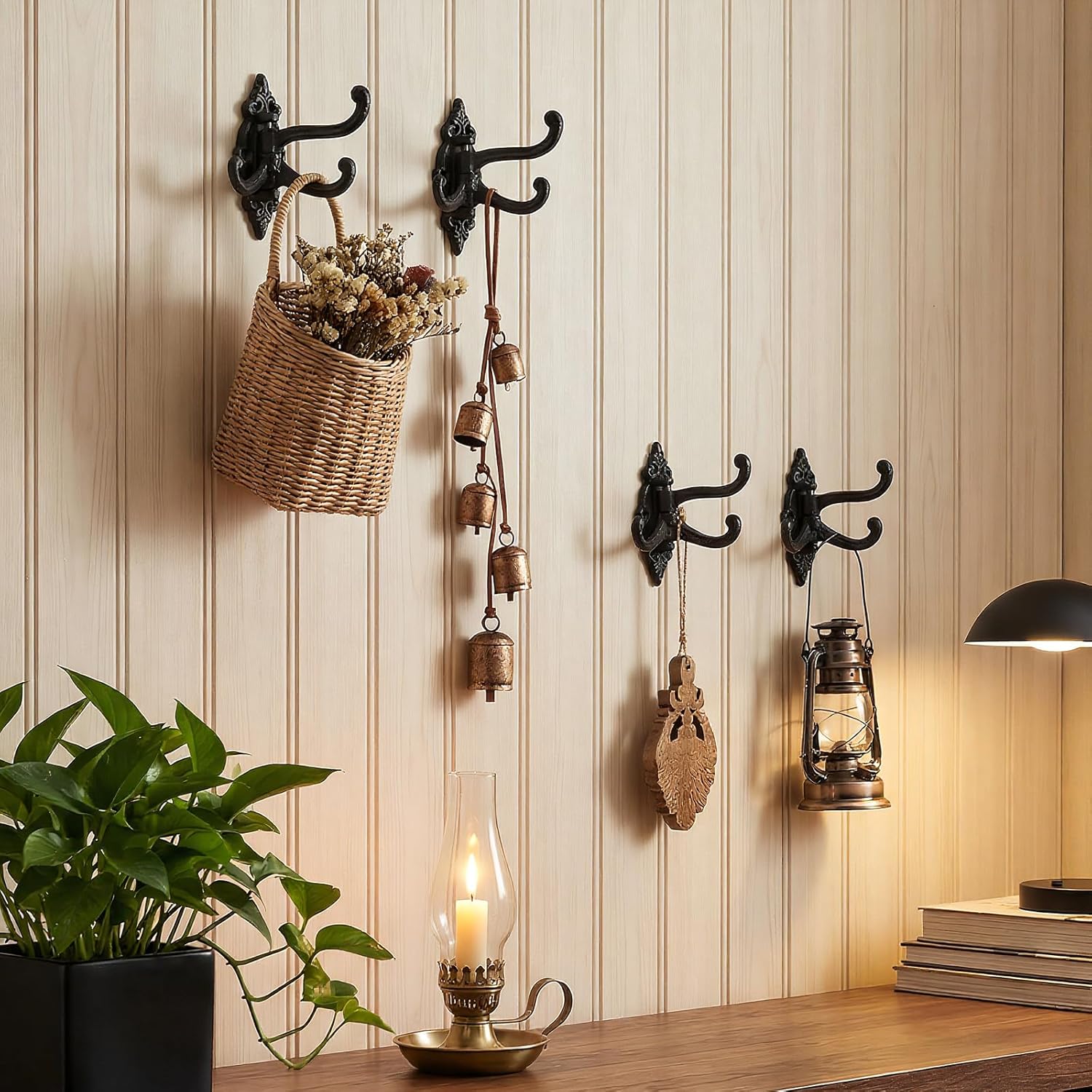 4 Pcs Vintage Cast Iron Wall Hooks Wall Mounted Rustic Metal Towel Hook Heavy Duty Hooks 3 Swing Arm Swivel Coat Hook for Coat Shoes Towel