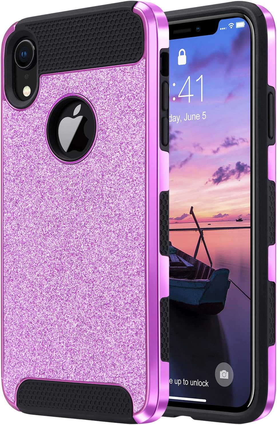 ULAK iPhone XR Case, Luxury Glitter 2 in 1 Dual Layer Slim Fit Soft TPU Hard Laminated with Sparkly Shiny Faux Leather Chrome Shockproof Protective Cover, Purple