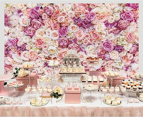 Miniatura 6 de Telón de fondo floral rosa de 5 x 3 pies, fondo de fotografía de flores rosas rosas para exteriores, telón de fondo para baby shower, boda, fiesta