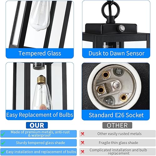 Miniatura 6 de Lámpara colgante para exteriores, 11 pulgadas, lámpara moderna para exteriores, lámpara colgante al aire libre, aluminio negro mate con vidrio