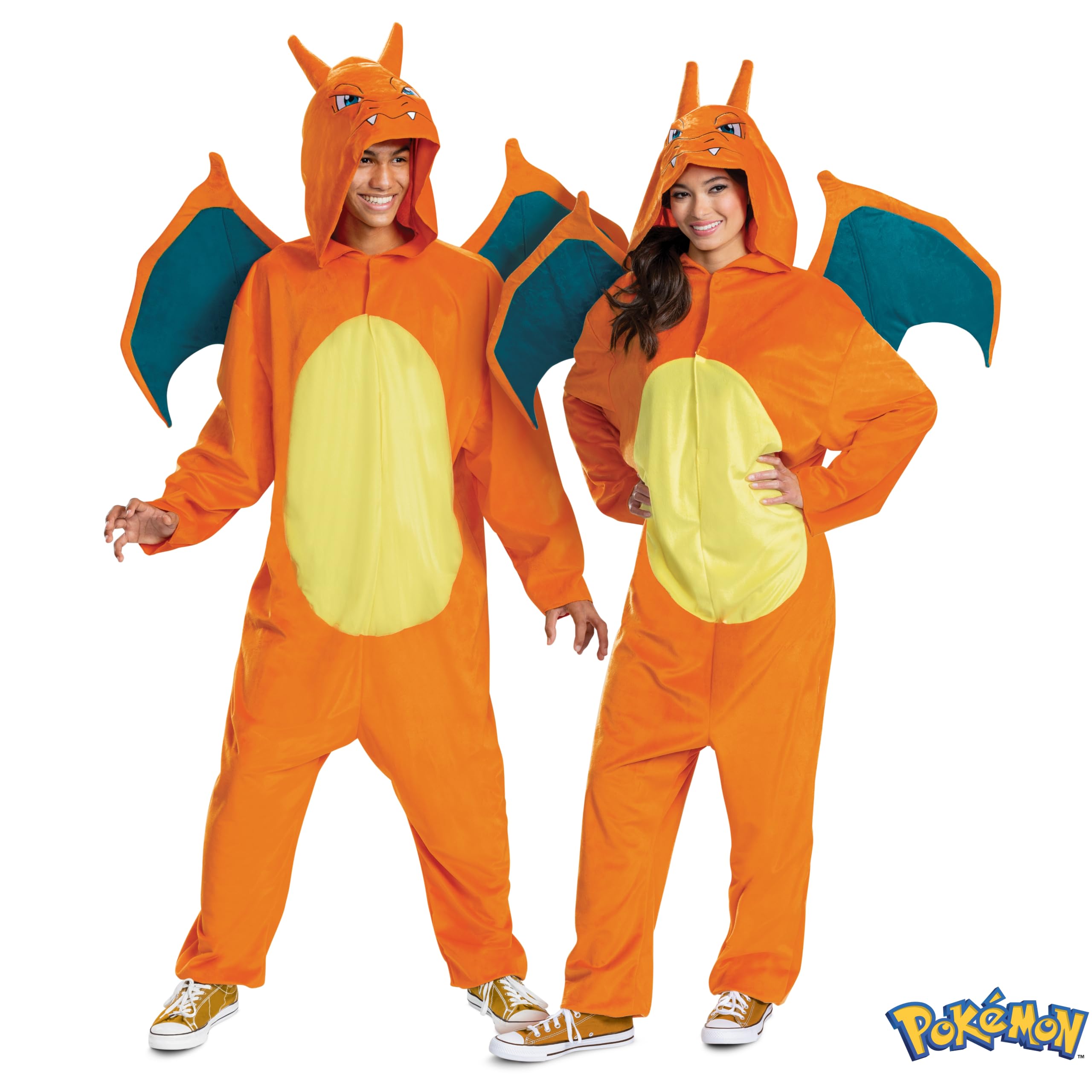 Pokémon Charizard kombinezon dla dorosłych, unisex, oficjalna licencja Pokémon, fantazyjna sukienka dla dorosłych, zawiera odpinane skrzydła i szczegółowy kaptur z tkaniny z rogami, S, M, L/XL