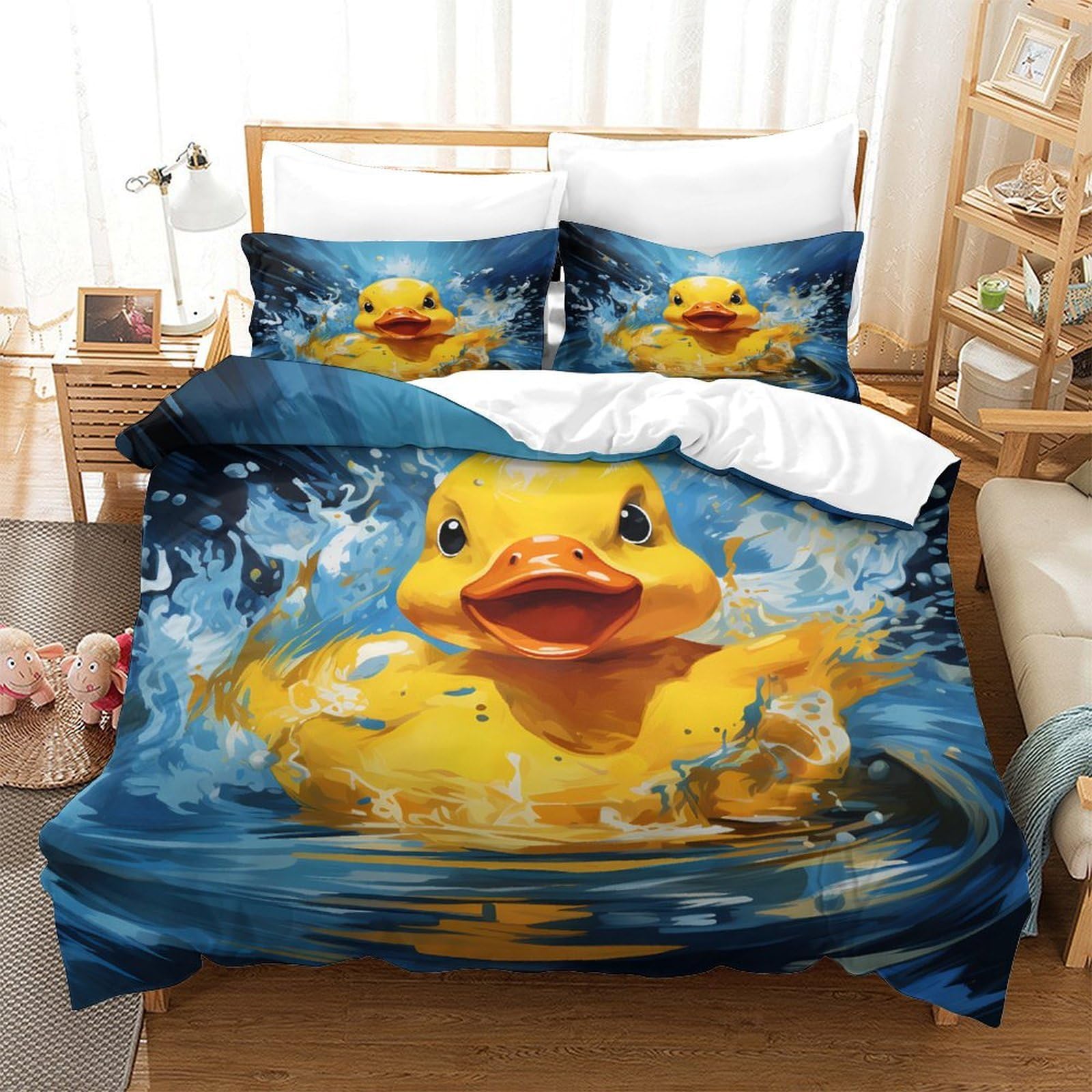 Gummi Ente Splash 3-teiliges Reines Polyester Cartoon spielerischer Stil Bettbezugset, Versteckter Reißverschluss, Für Kleinkinder, Babysicher & Gifffrei, Pflegeleicht King（220x240cm）