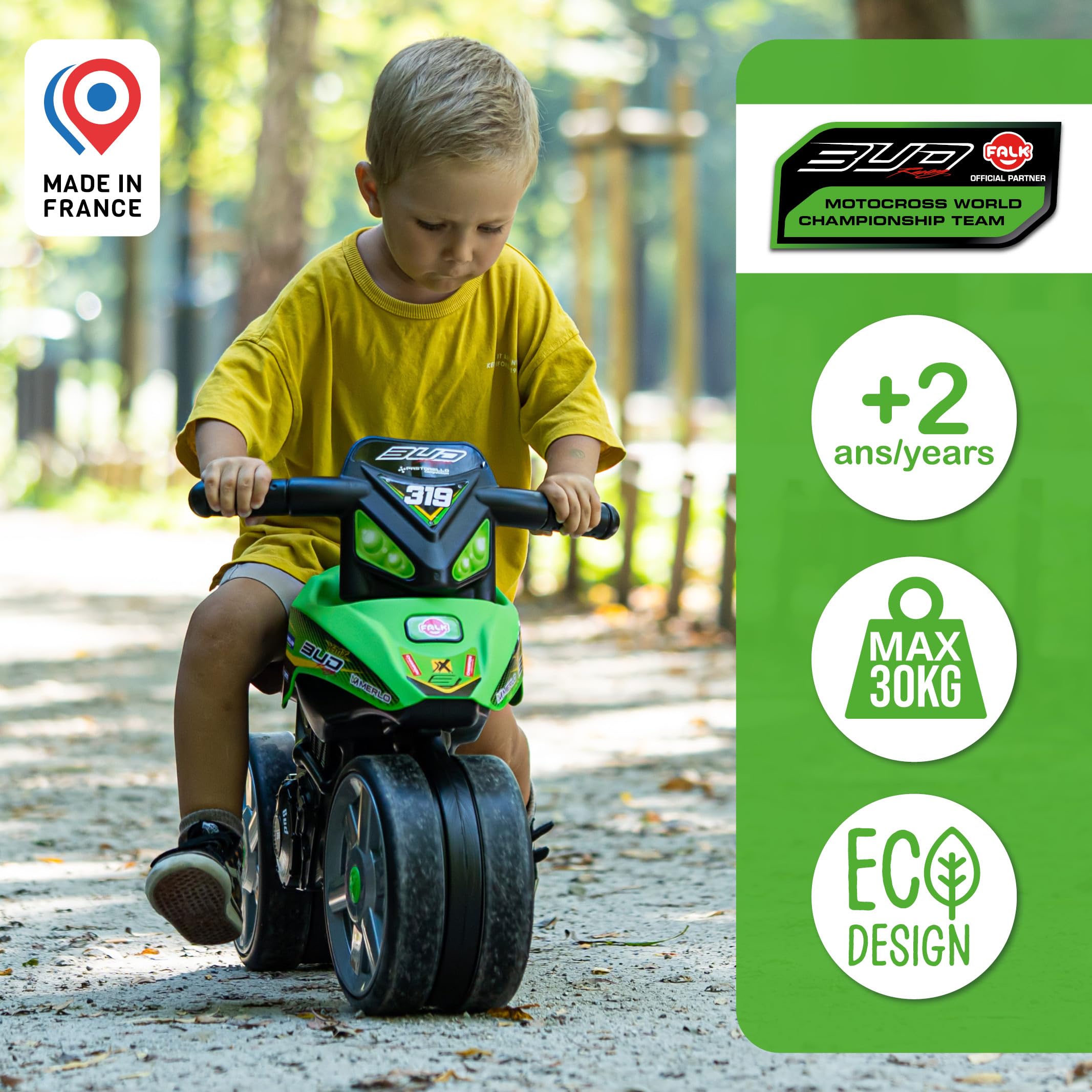 Falk 502BRS - Draisienne Moto Bud Racing - Verde - Ruedas silenciosas - A Partir de 2 años - 40% de plástico Reciclado - Fabricado en Francia