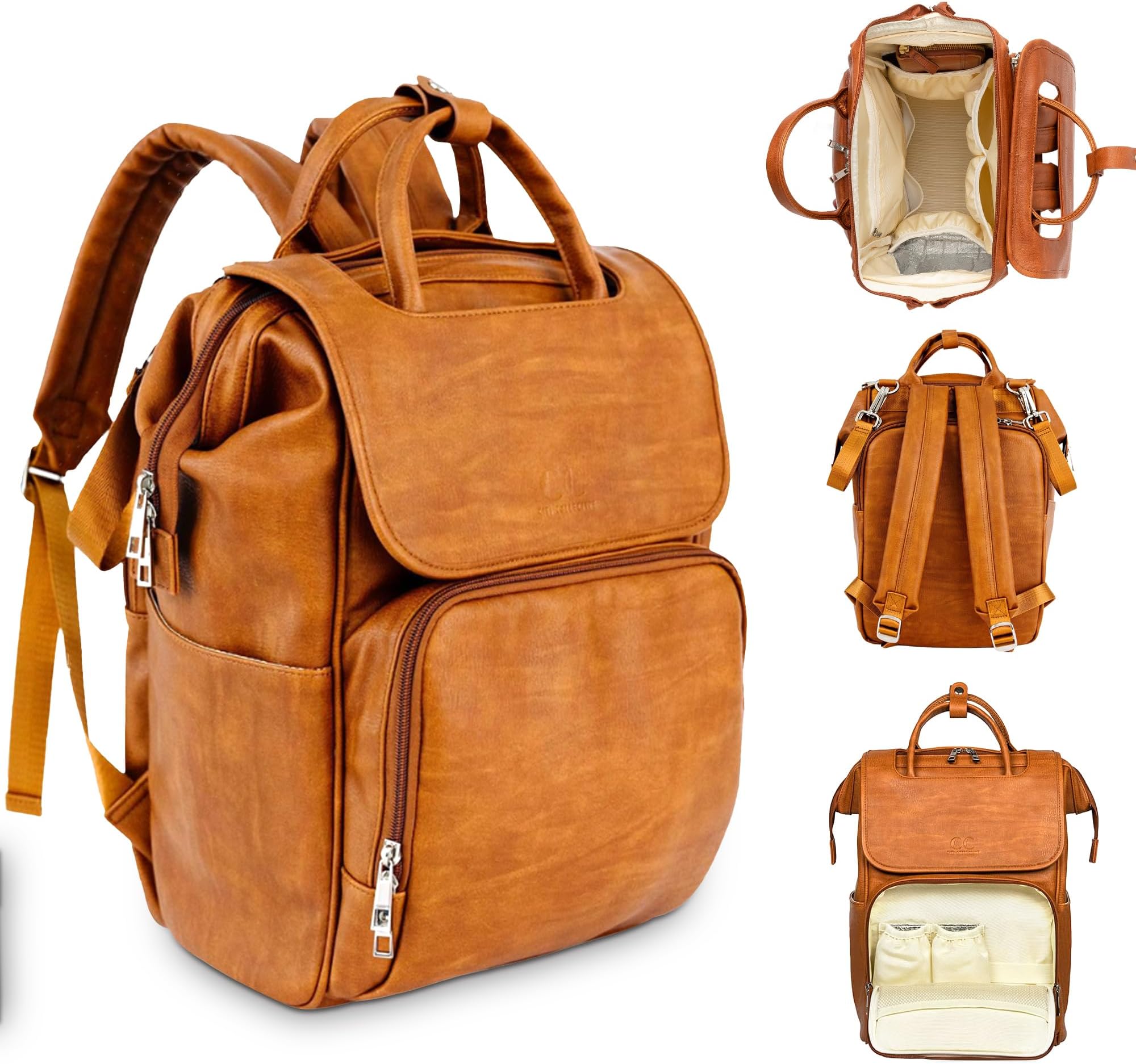 Citi Collective Explorer Brown Diaper Bag Backpack - Vegan Leather Diaper Bag with Shoulder Strap, Insulated Bottle Pockets, Changing Pad, Stroller Clip- Versatile Diaper Bag for Baby
